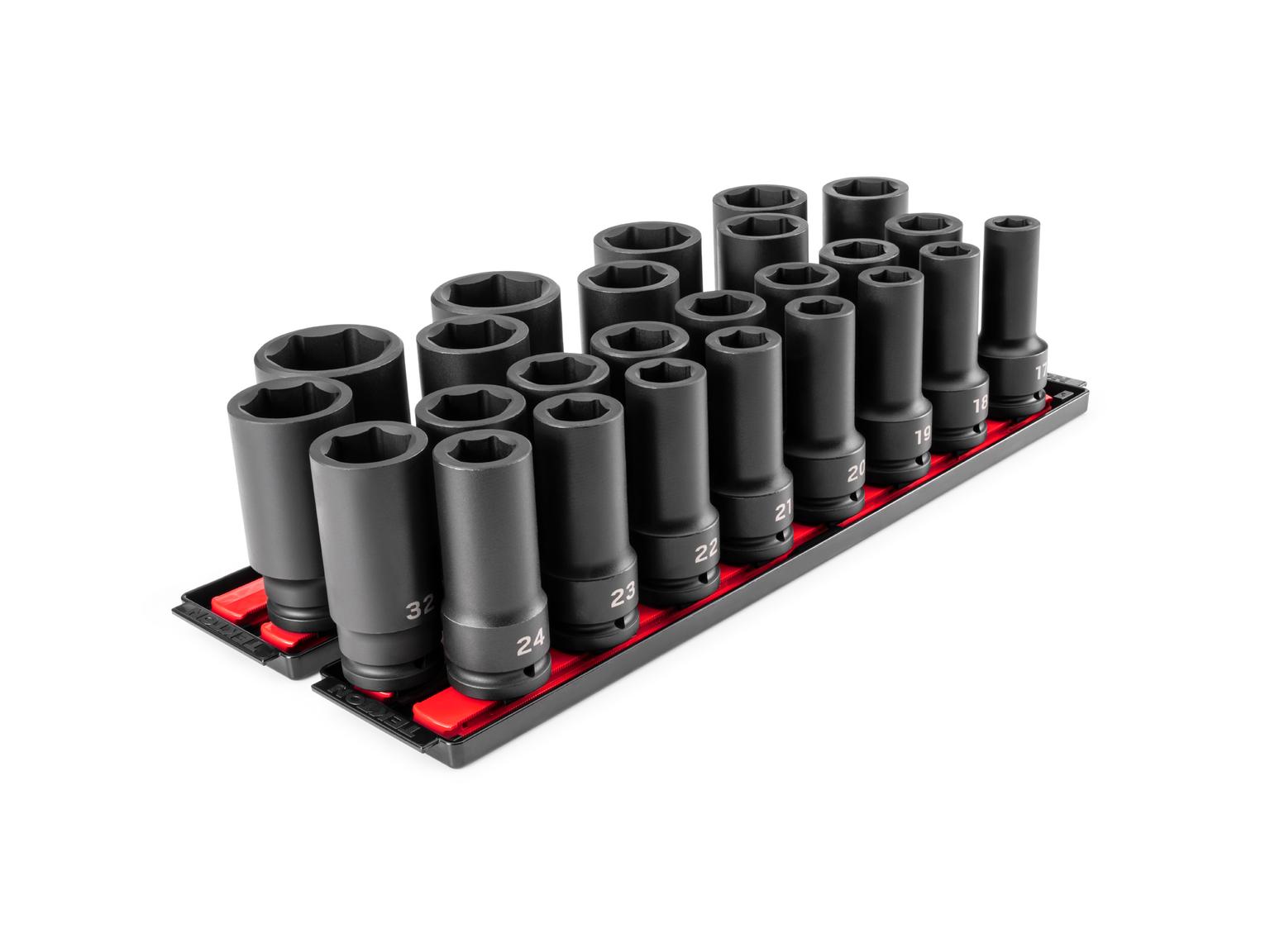TEKTON 3/4 Inch Drive Deep 6-Point Socket Set with Rails and Trays, 25-Piece (17 - 50 mm)