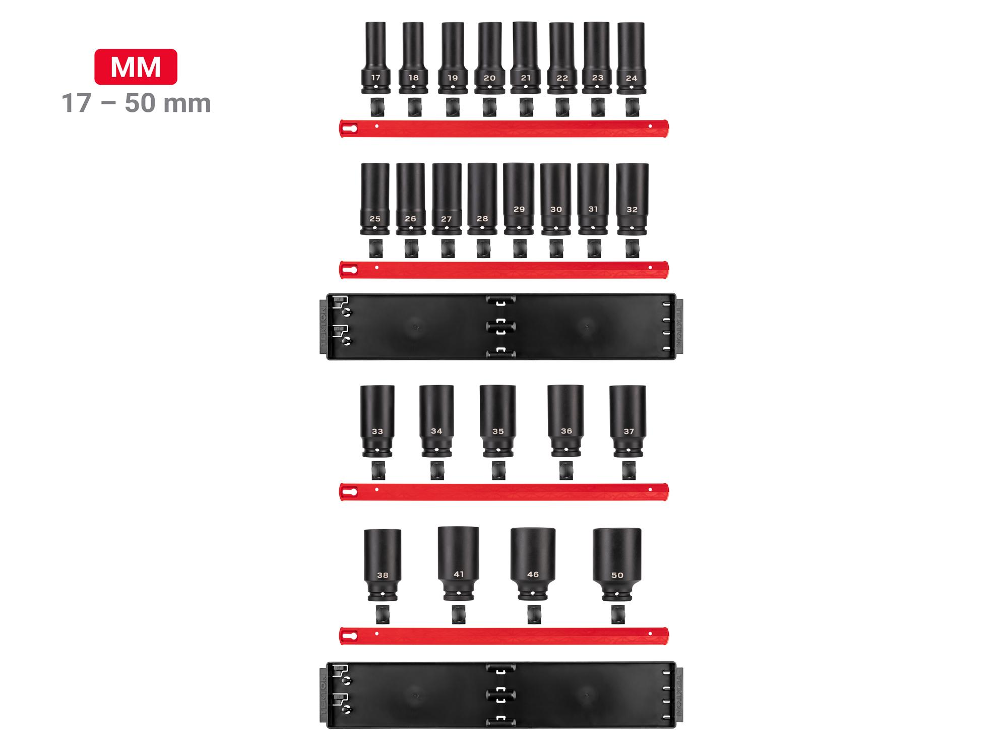 Laid out contents of Tekton rail impact drive 6-point socket set. Item #SID93114