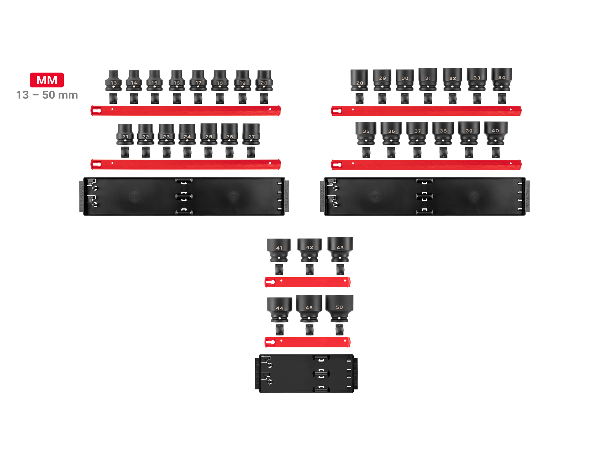 3/4 Inch Drive Impact Socket Set with Rails (13–50 mm) | TEKTON