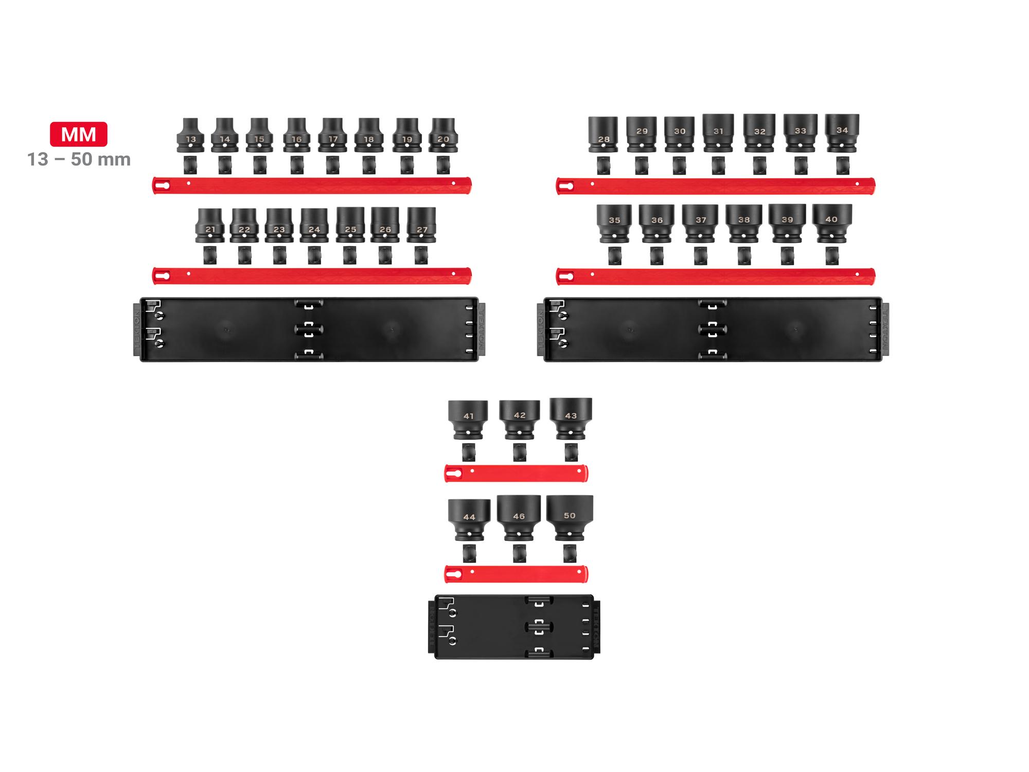 Laid out contents of Tekton rail impact drive 6-point socket set. Item #SID93118