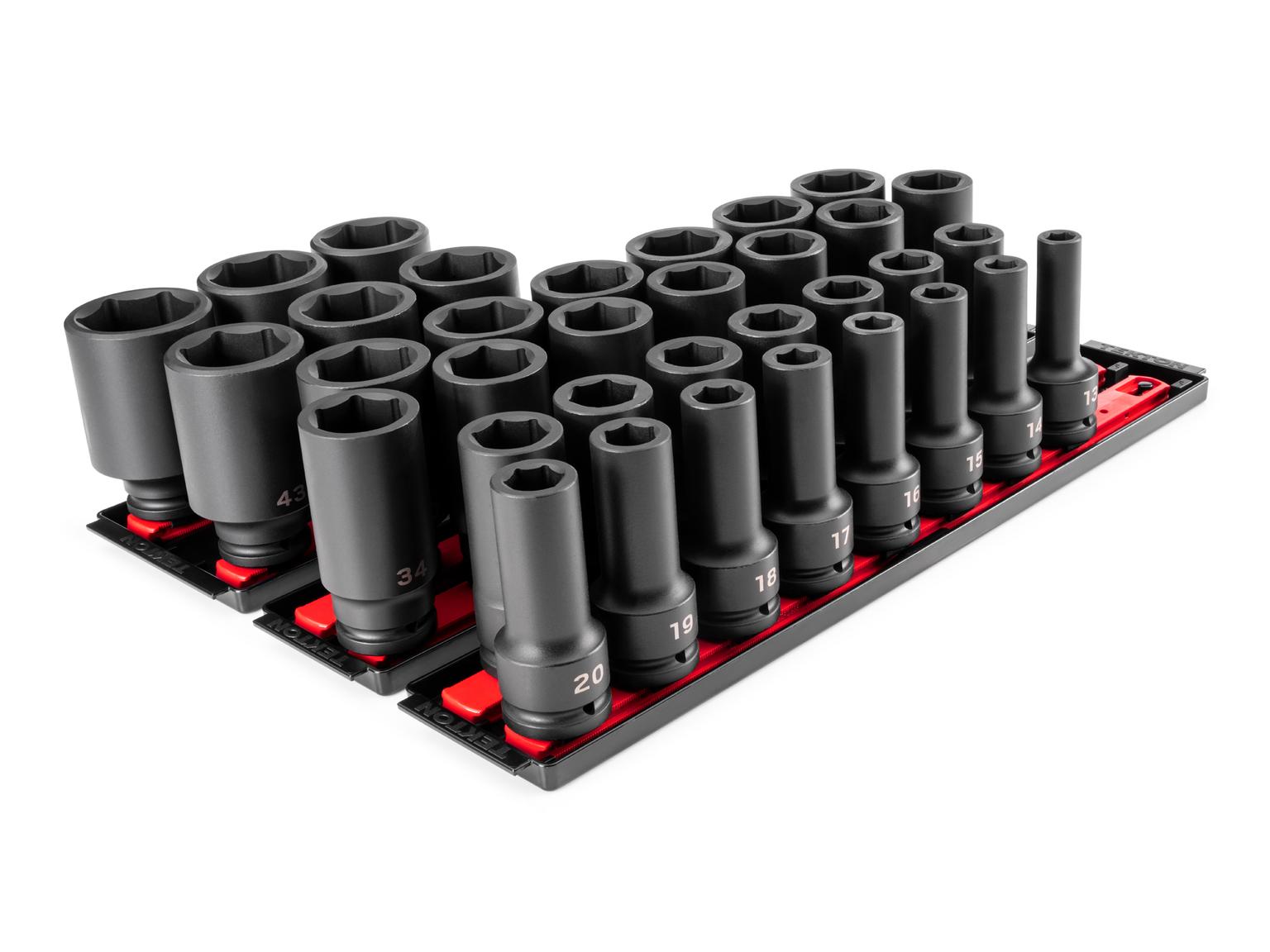 TEKTON 3/4 Inch Drive Deep 6-Point Socket Set with Rails and Trays, 34-Piece (13 - 50 mm)