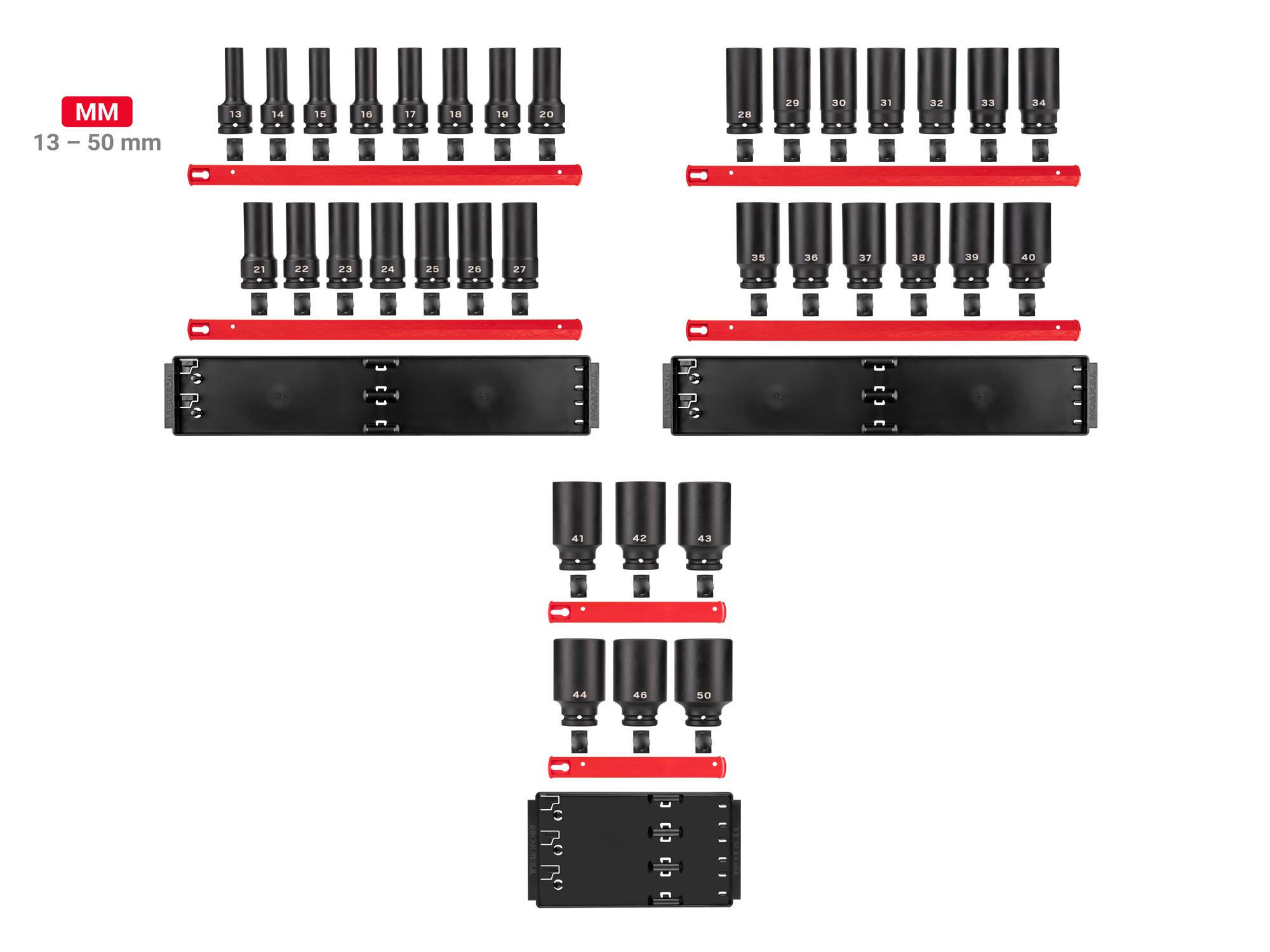Laid out contents of Tekton rail impact drive 6-point socket set. Item #SID93119