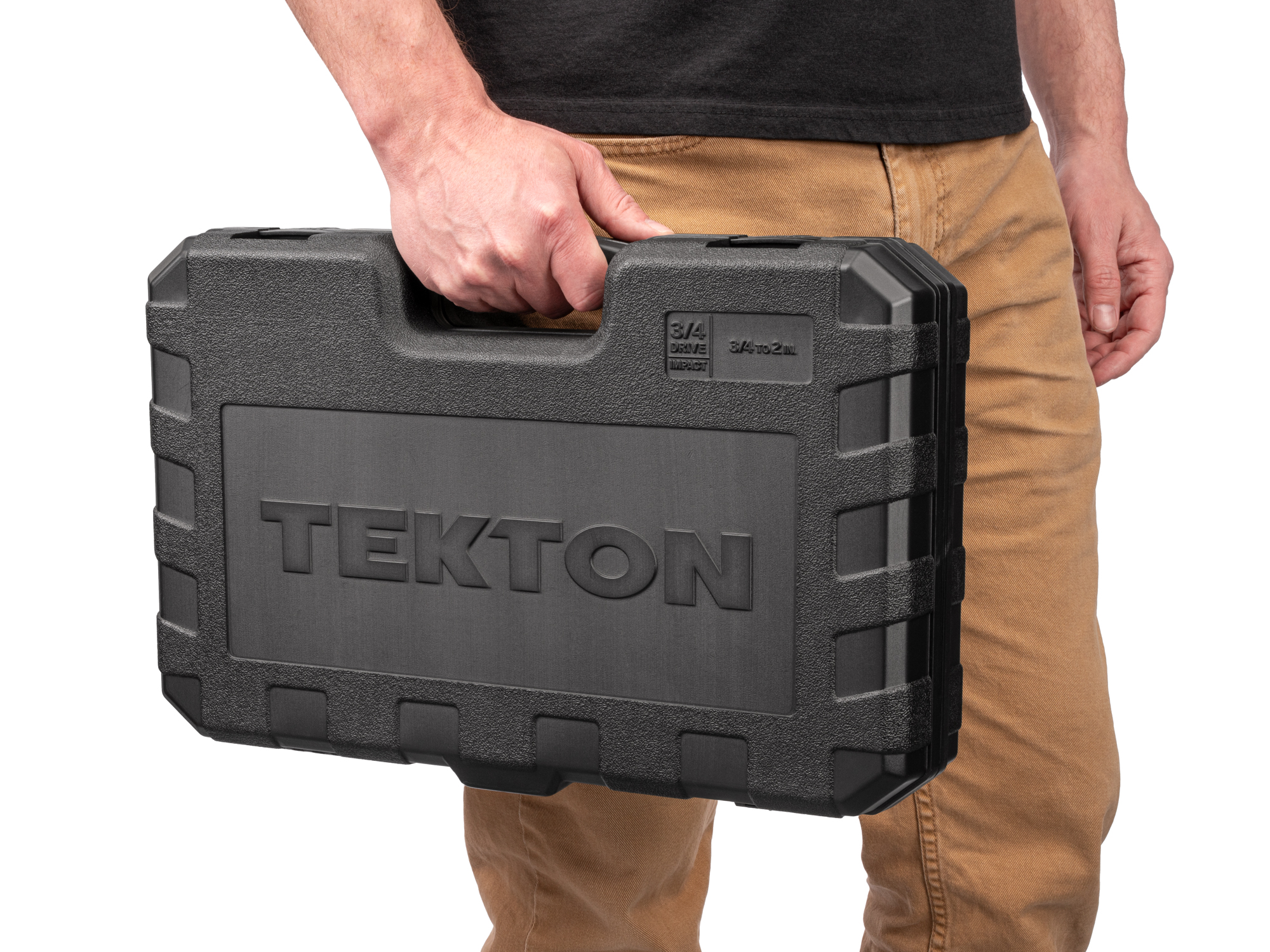 Person holding Tekton case impact drive 6-point socket set. Item #SID93301