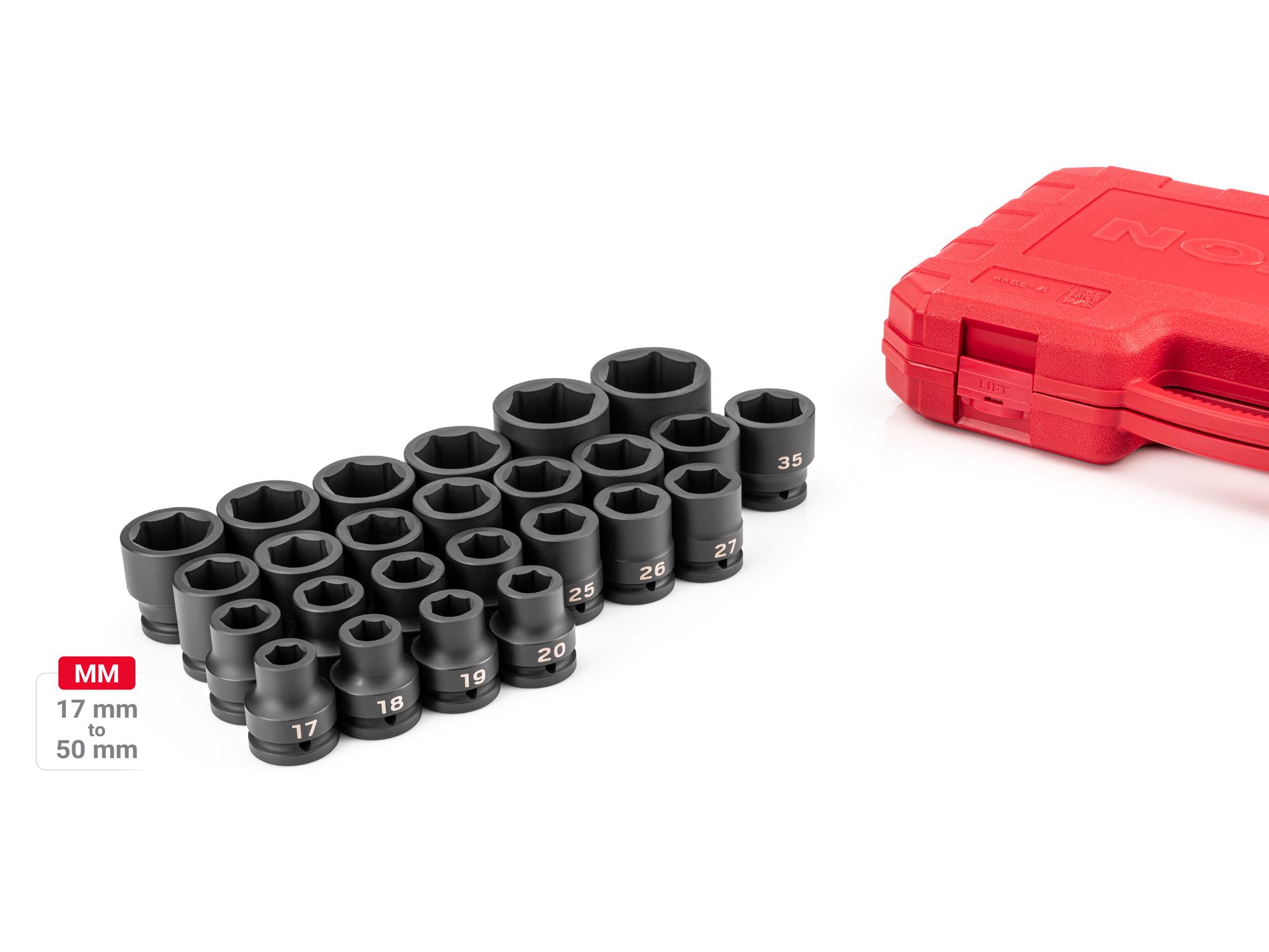 Laid out contents of Tekton case impact drive 6-point socket set. Item #SID93313