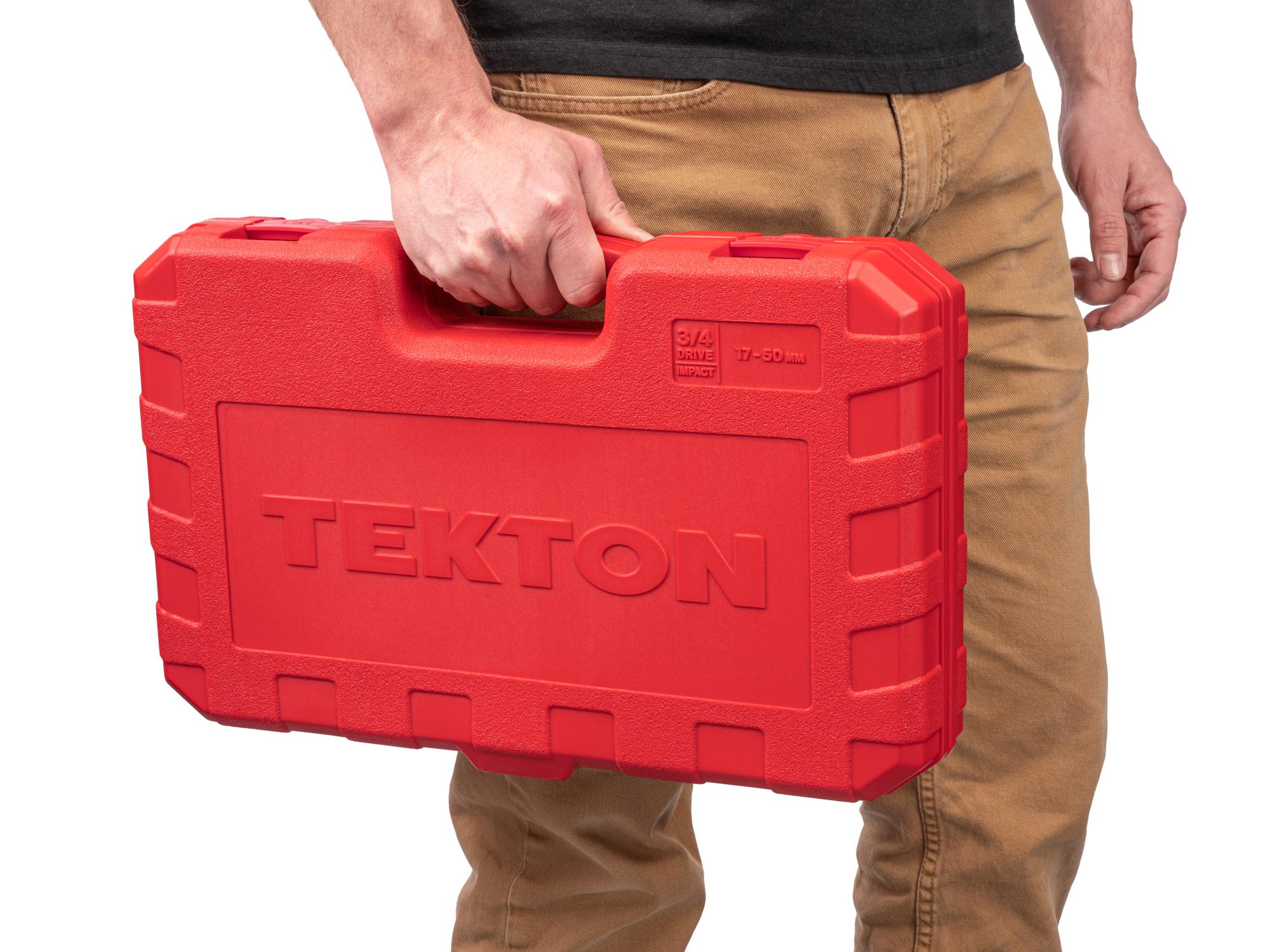 Person holding Tekton case impact drive 6-point socket set. Item #SID93313