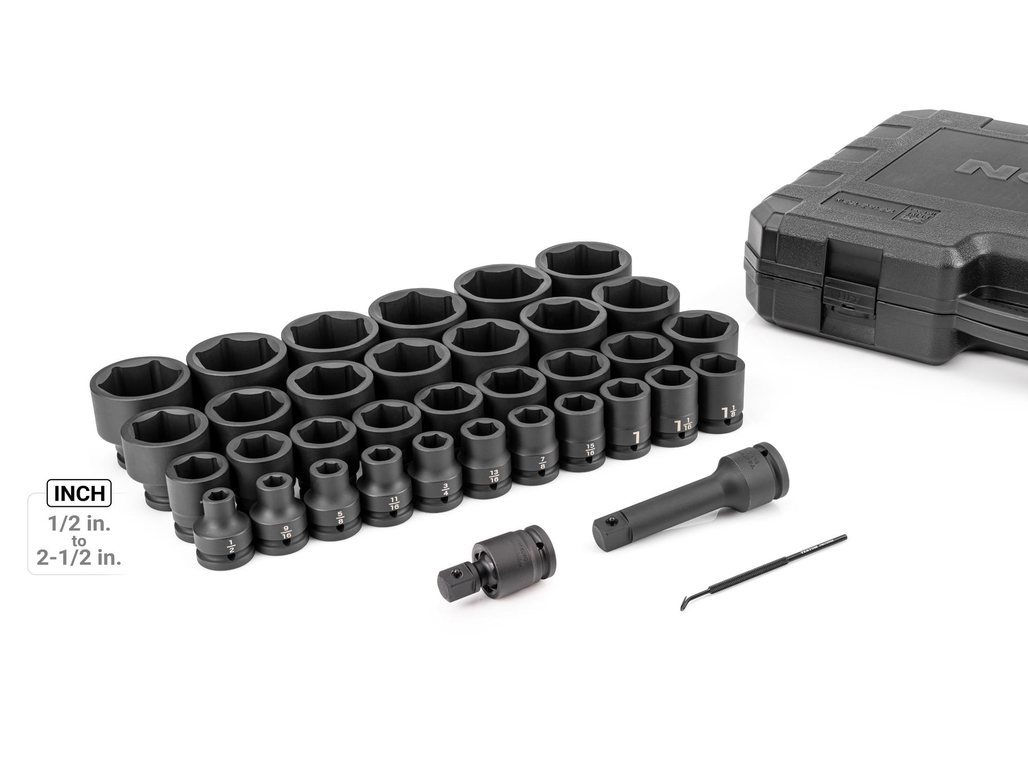 Laid out contents of Tekton case impact drive 6-point socket set. Item #SID93408