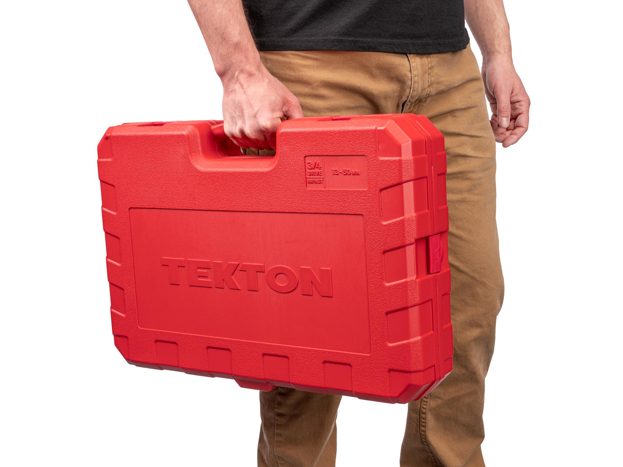 Person holding Tekton case impact drive 6-point socket set. Item #SID93418