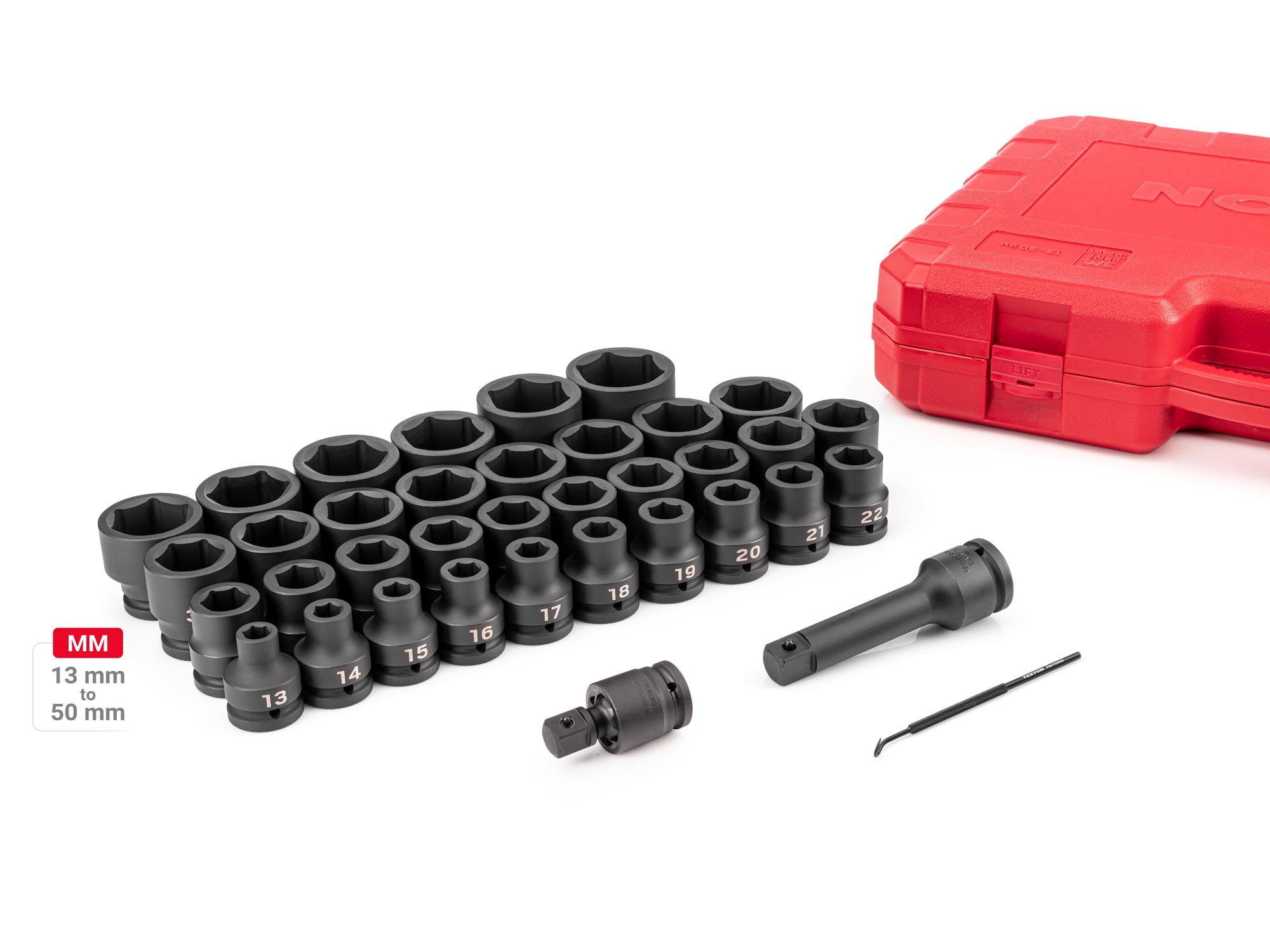 Laid out contents of Tekton case impact drive 6-point socket set. Item #SID93419