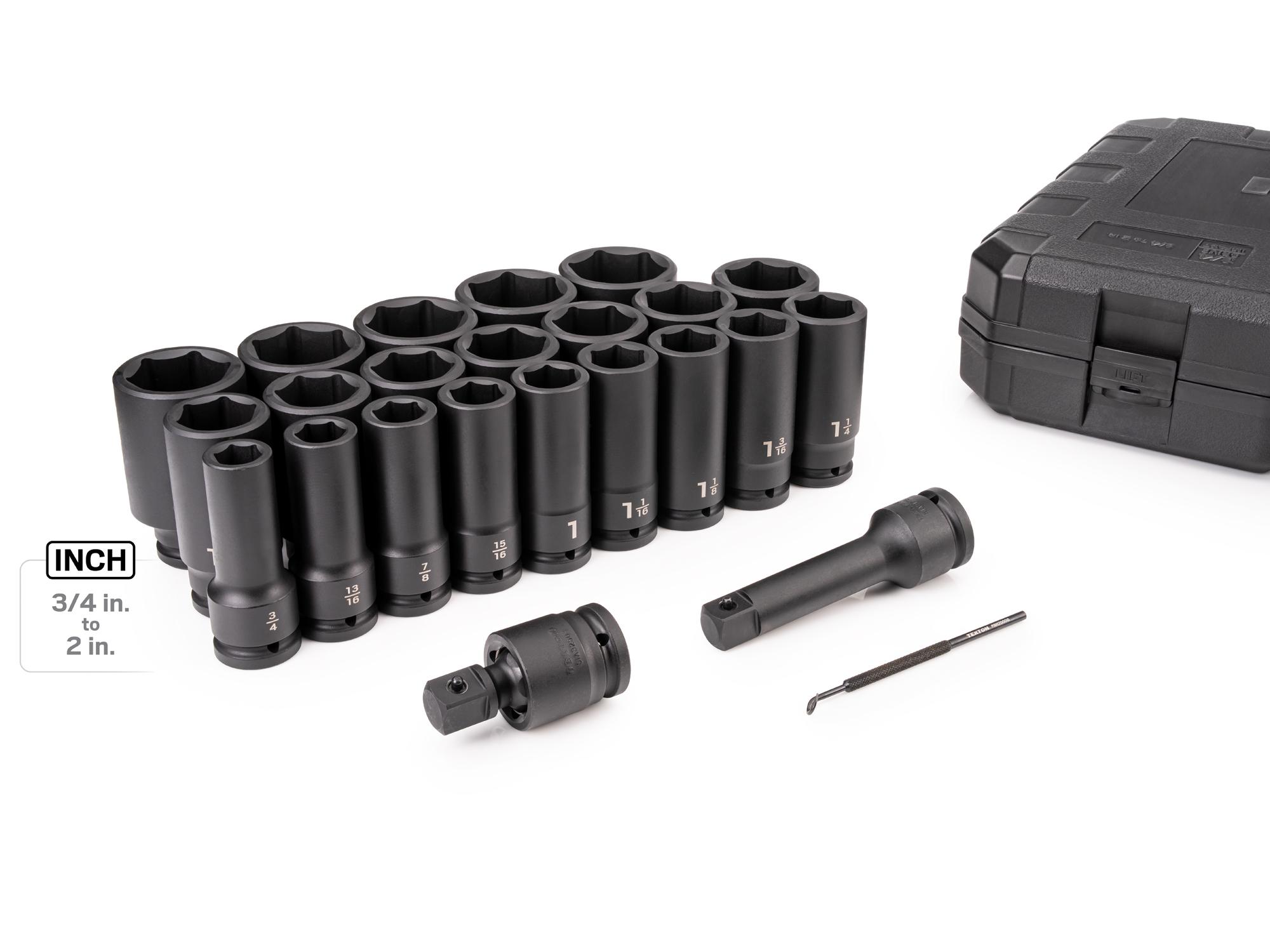 Laid out contents of Tekton case impact drive 6-point socket set. Item #SID93420