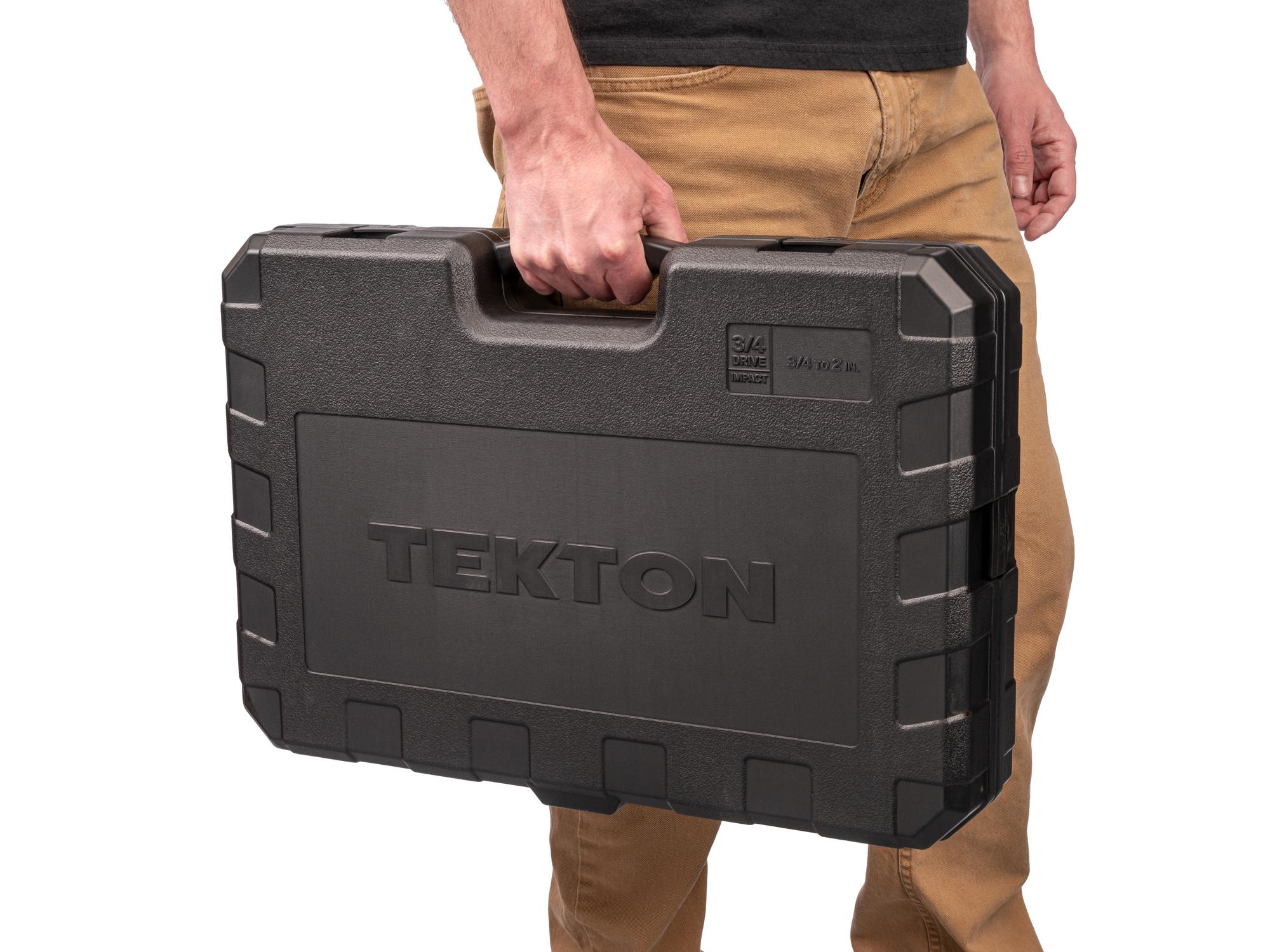 Person holding Tekton case impact drive 6-point socket set. Item #SID93420