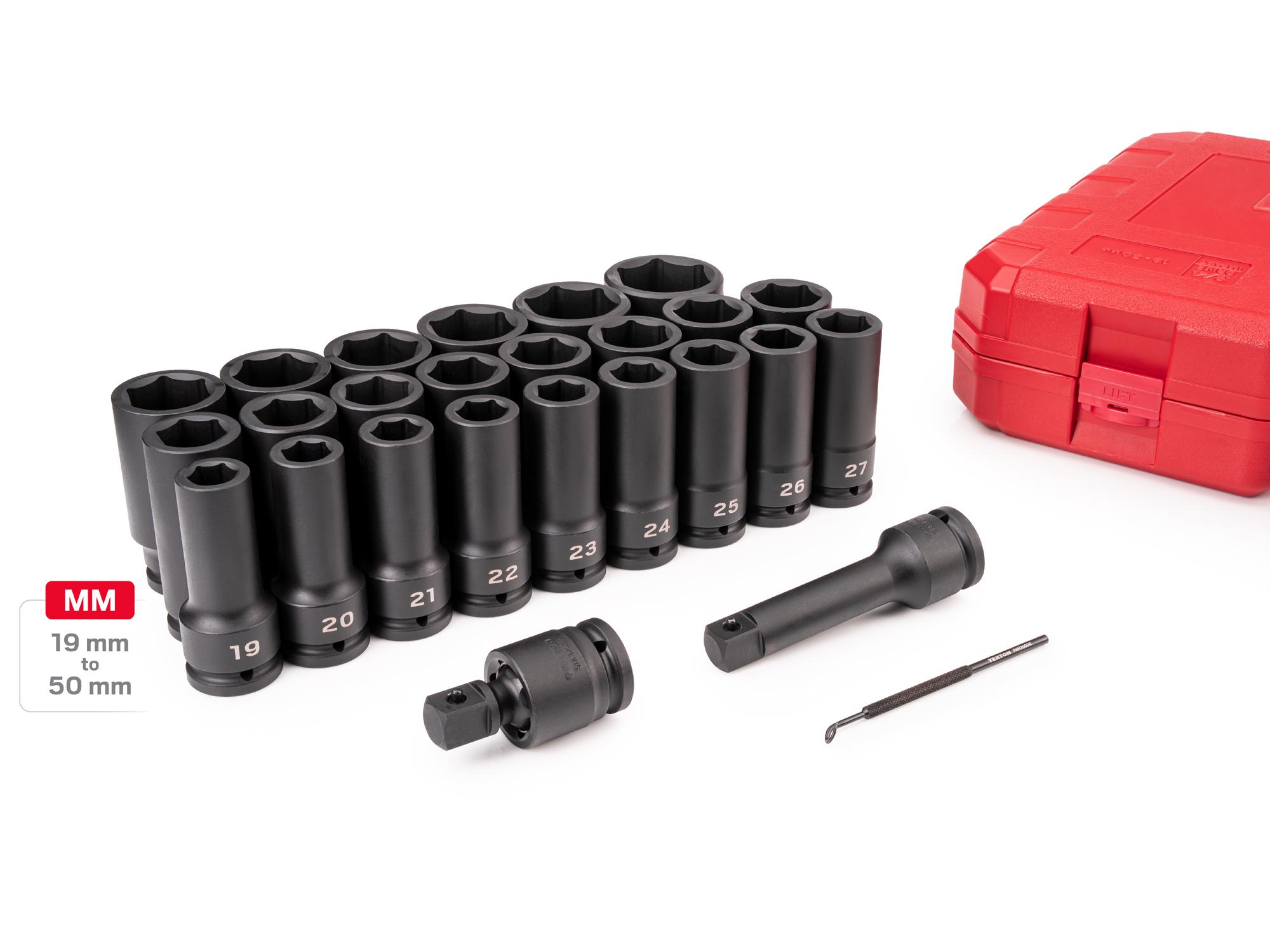 Laid out contents of Tekton case impact drive 6-point socket set. Item #SID93421