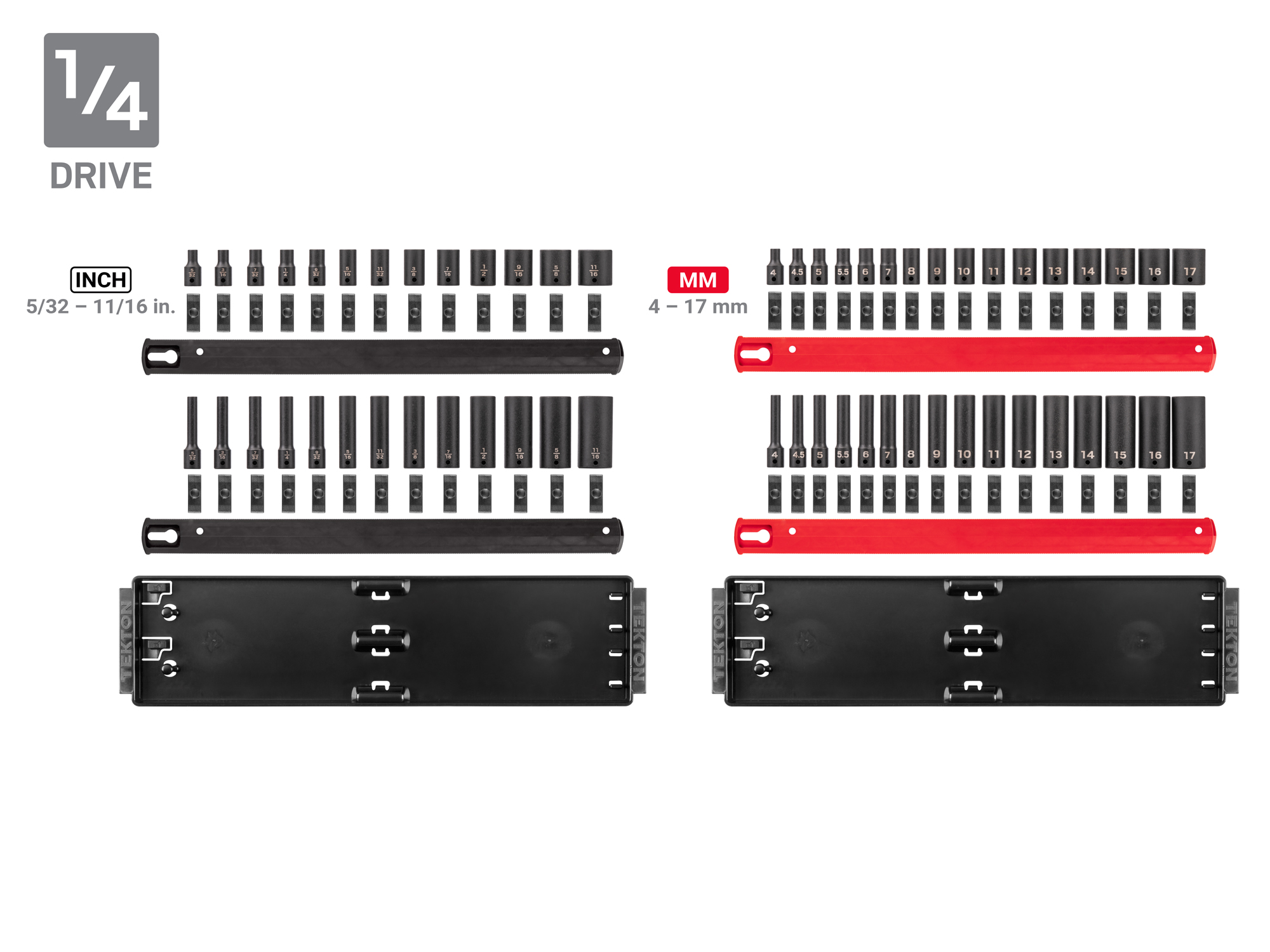 230-piece set includes 5/32–1-1/2 inch (SAE) and 4–38 mm (metric) standard and deep length 6-point impact sockets on rails. No skipped sizes. SID99200.