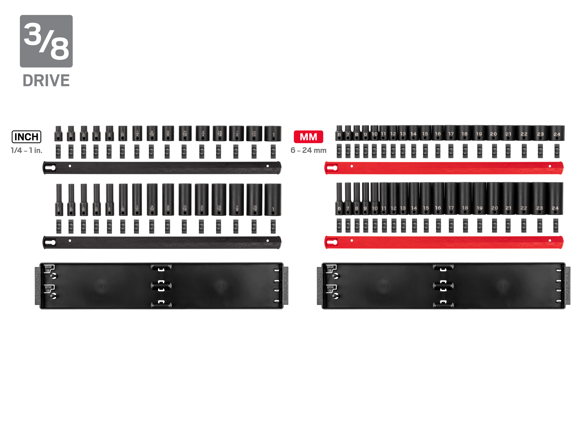 230-piece set includes 5/32–1-1/2 inch (SAE) and 4–38 mm (metric) standard and deep length 6-point impact sockets on rails. No skipped sizes. SID99200.