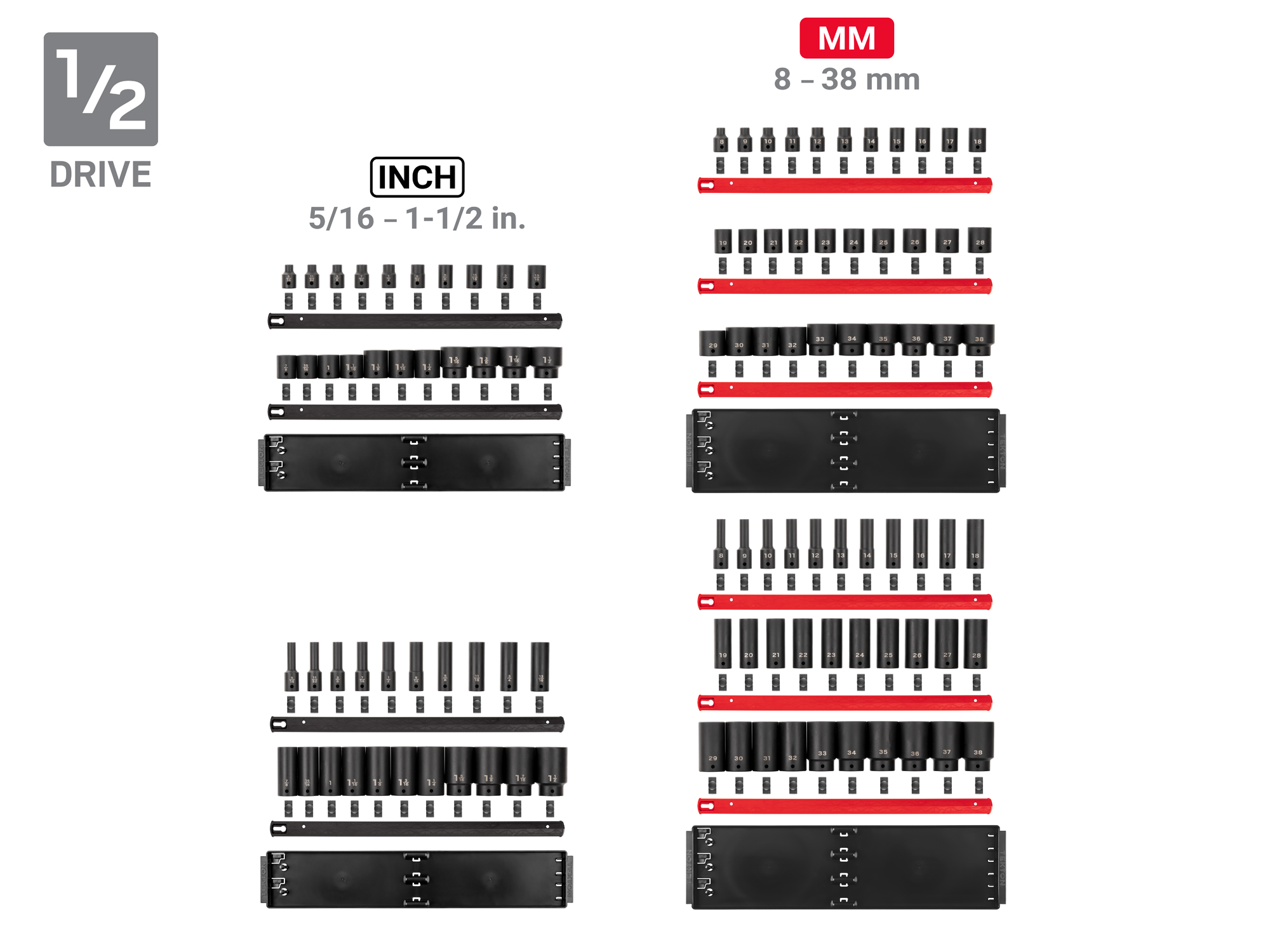 230-piece set includes 5/32–1-1/2 inch (SAE) and 4–38 mm (metric) standard and deep length 6-point impact sockets on rails. No skipped sizes. SID99200.