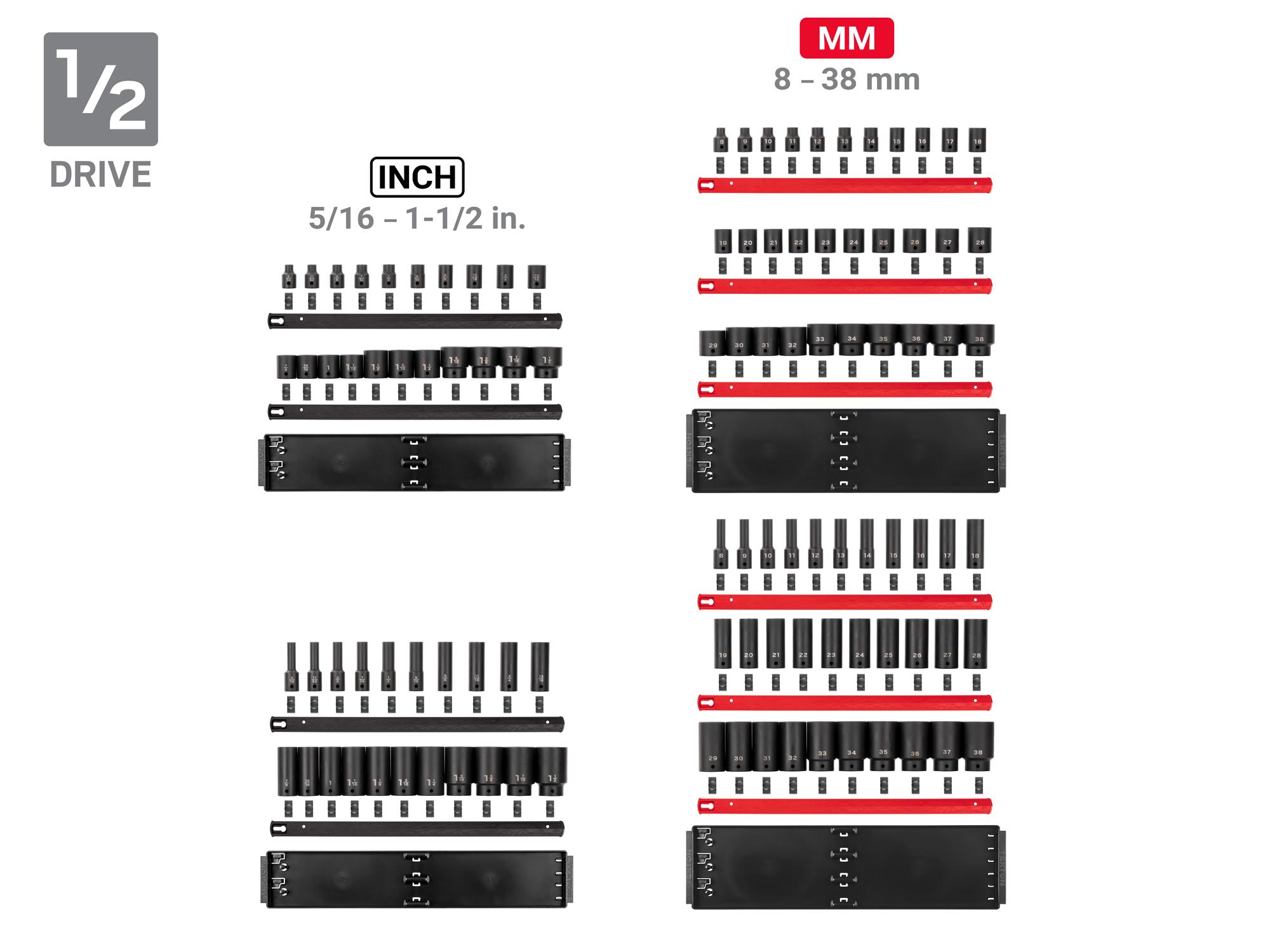 Laid out contents of Tekton rail impact drive 6-point socket set. Item #SID99200