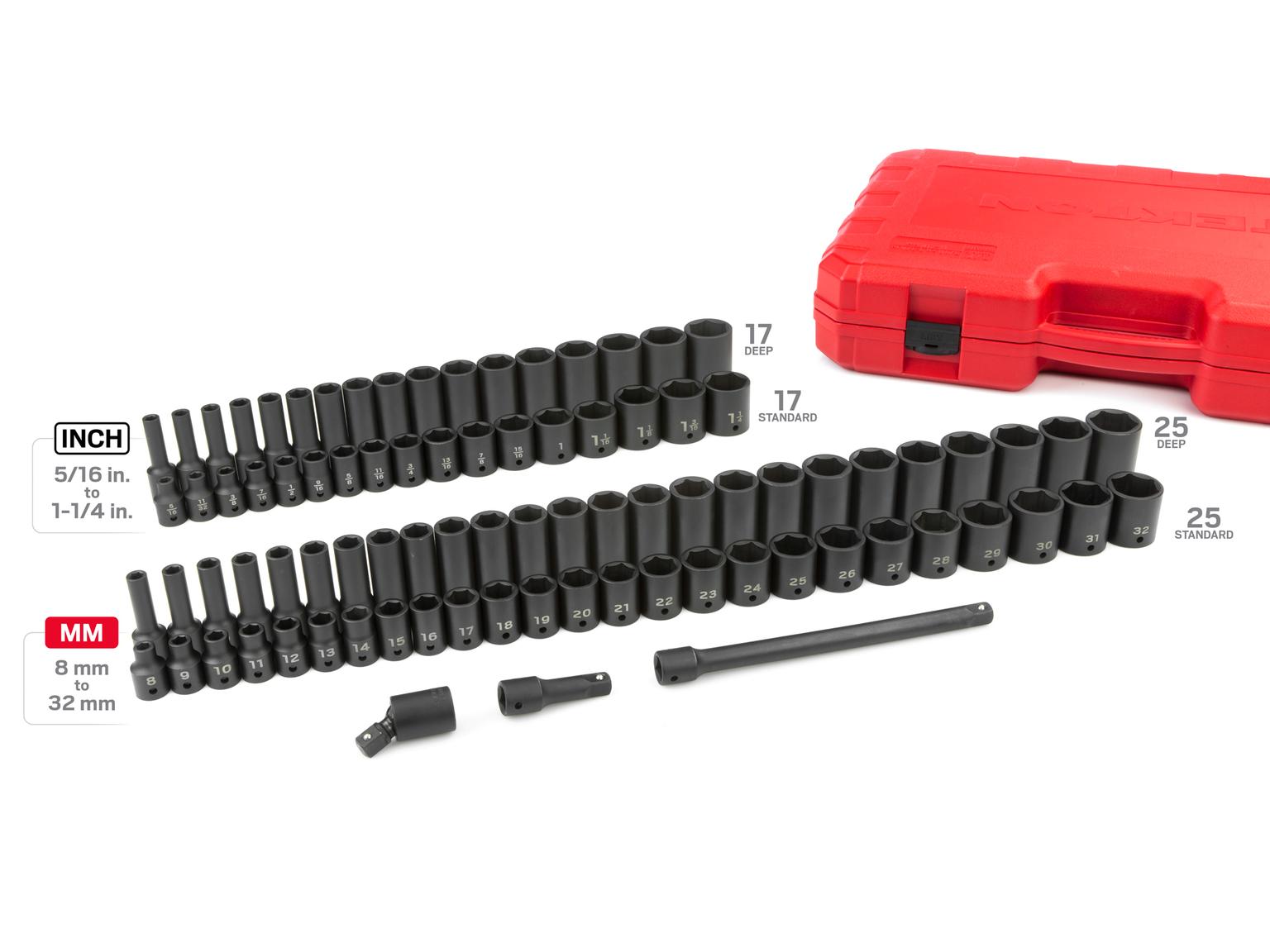 Laid out contents of Tekton case impact drive 6-point socket set. Item #SID99401
