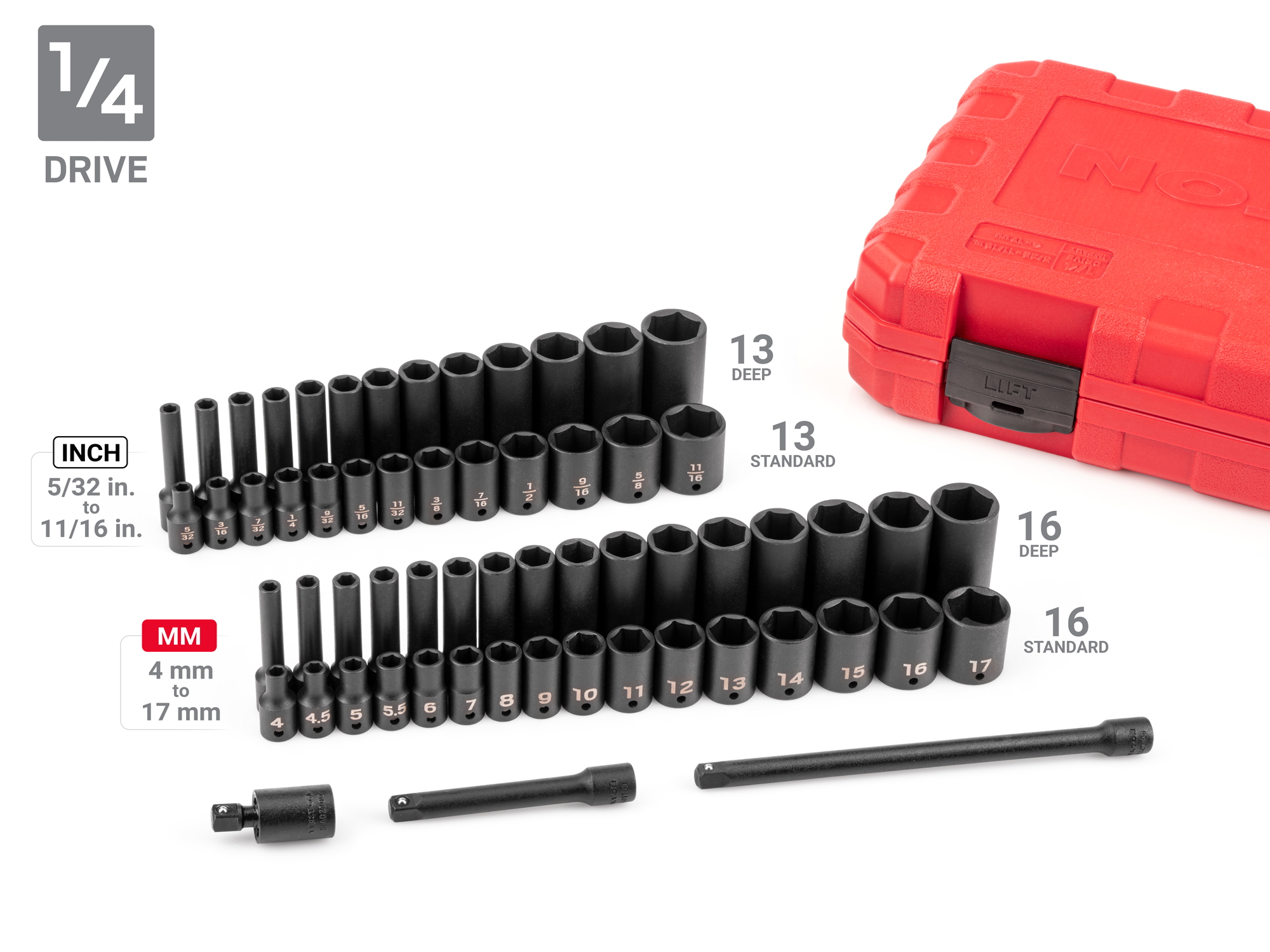 220-piece set includes 5/32–1-1/4 inch (SAE) and 4–32 mm (metric) standard and deep length 6-point impact sockets in durable carrying cases. SID99403.