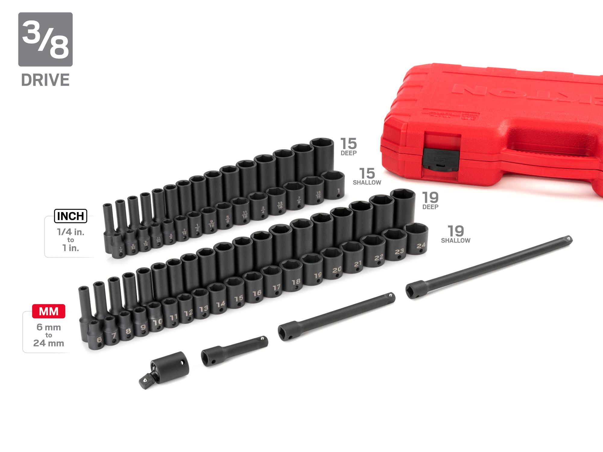 Laid out contents of Tekton case impact drive 6-point socket set. Item #SID99403