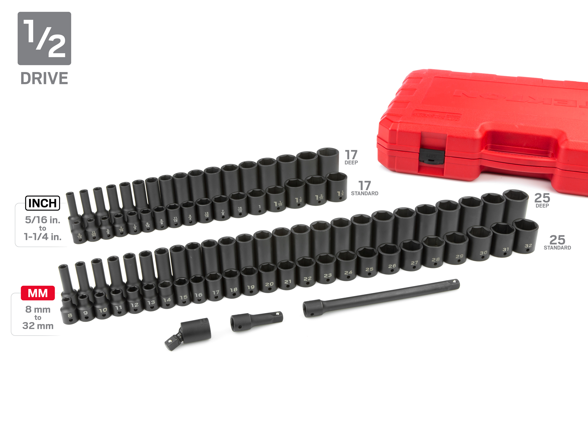 220-piece set includes 5/32–1-1/4 inch (SAE) and 4–32 mm (metric) standard and deep length 6-point impact sockets in durable carrying cases. SID99403.