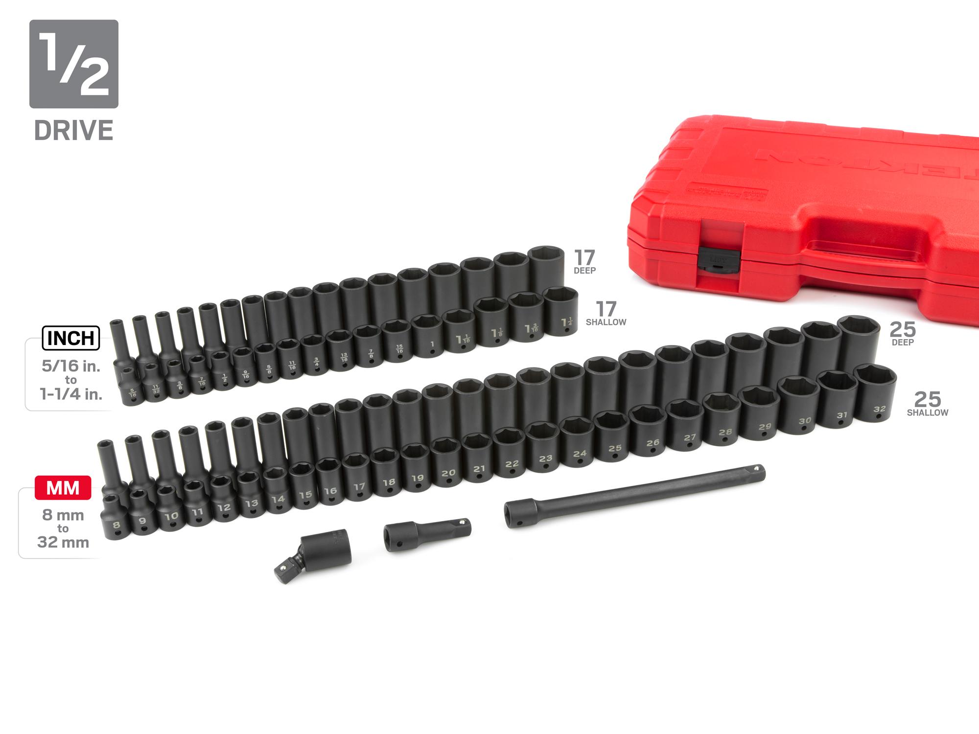 Laid out contents of Tekton case impact drive 6-point socket set. Item #SID99403