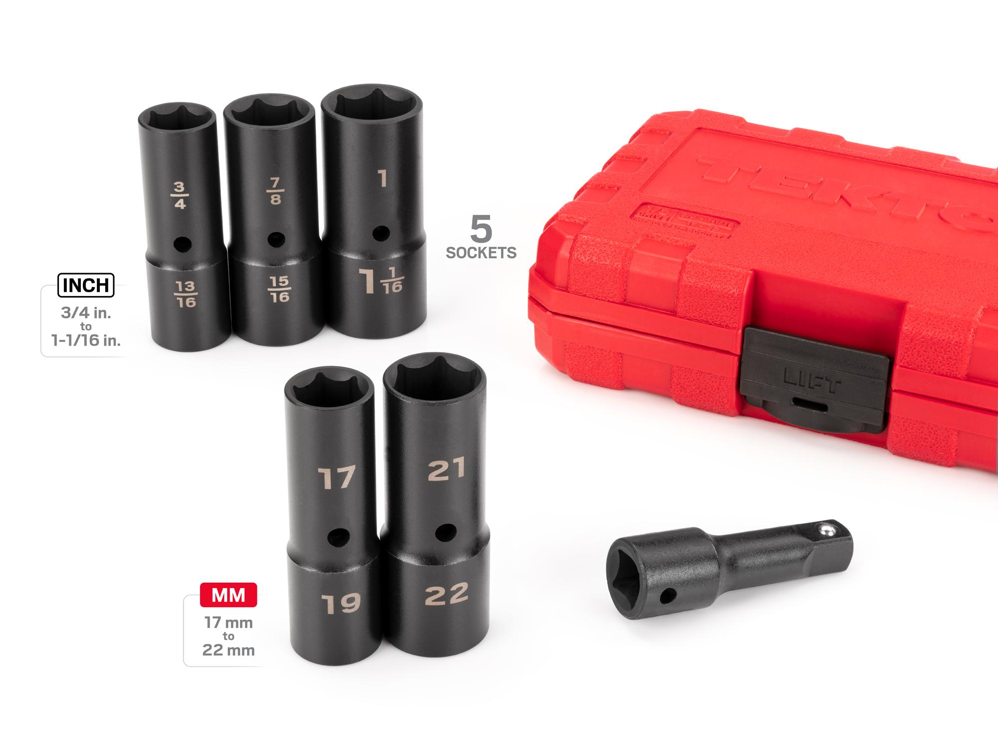 Laid out contents of Tekton case impact drive 6-point socket set. Item #SIF92400