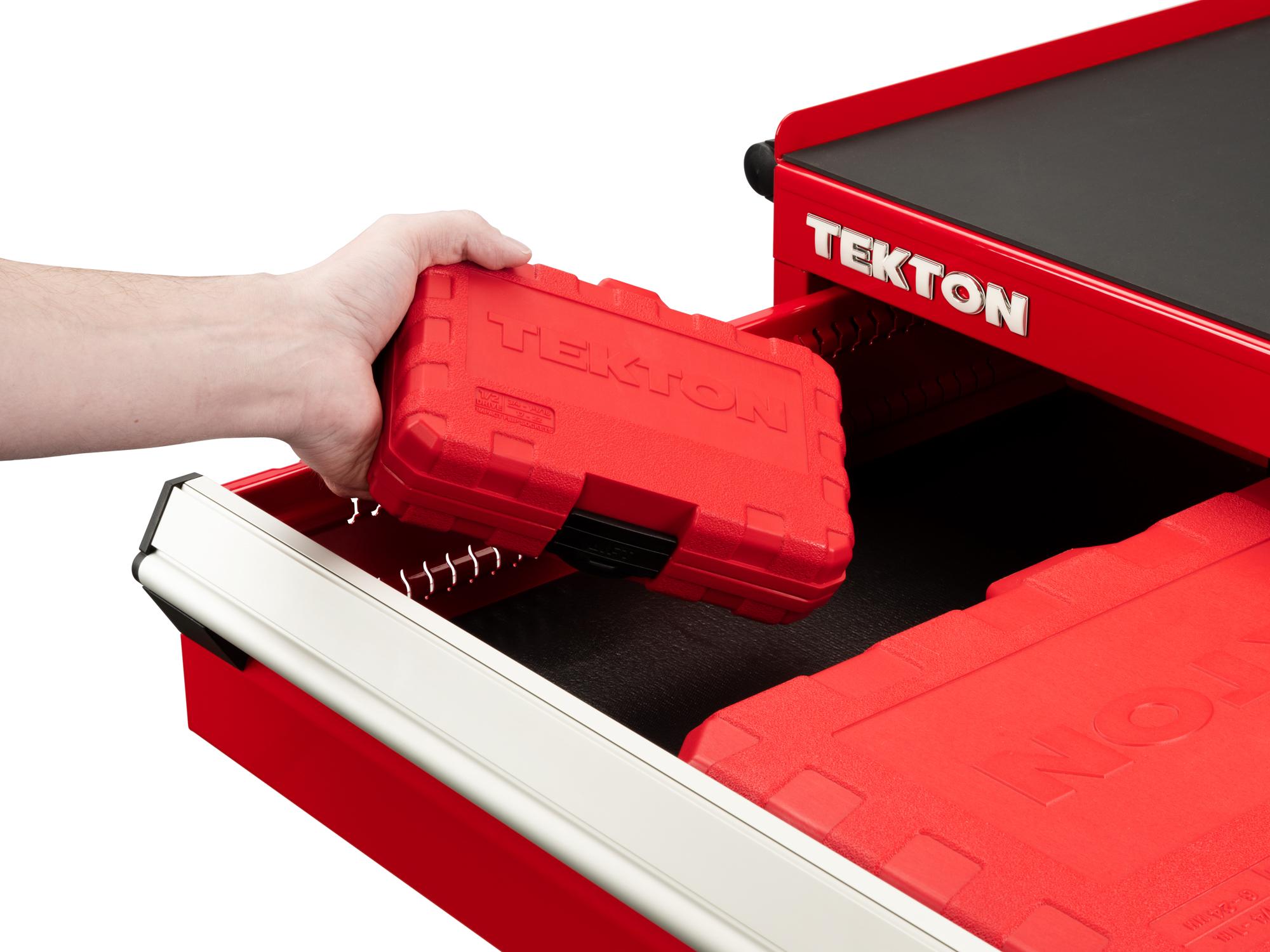 Front angled view of Tekton case impact drive 6-point socket set in a tool cabinet drawer. Item #SIF92400