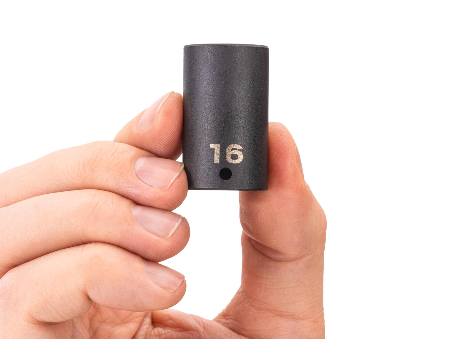 Person holding Tekton impact drive 6-point socket. Item #SID04116