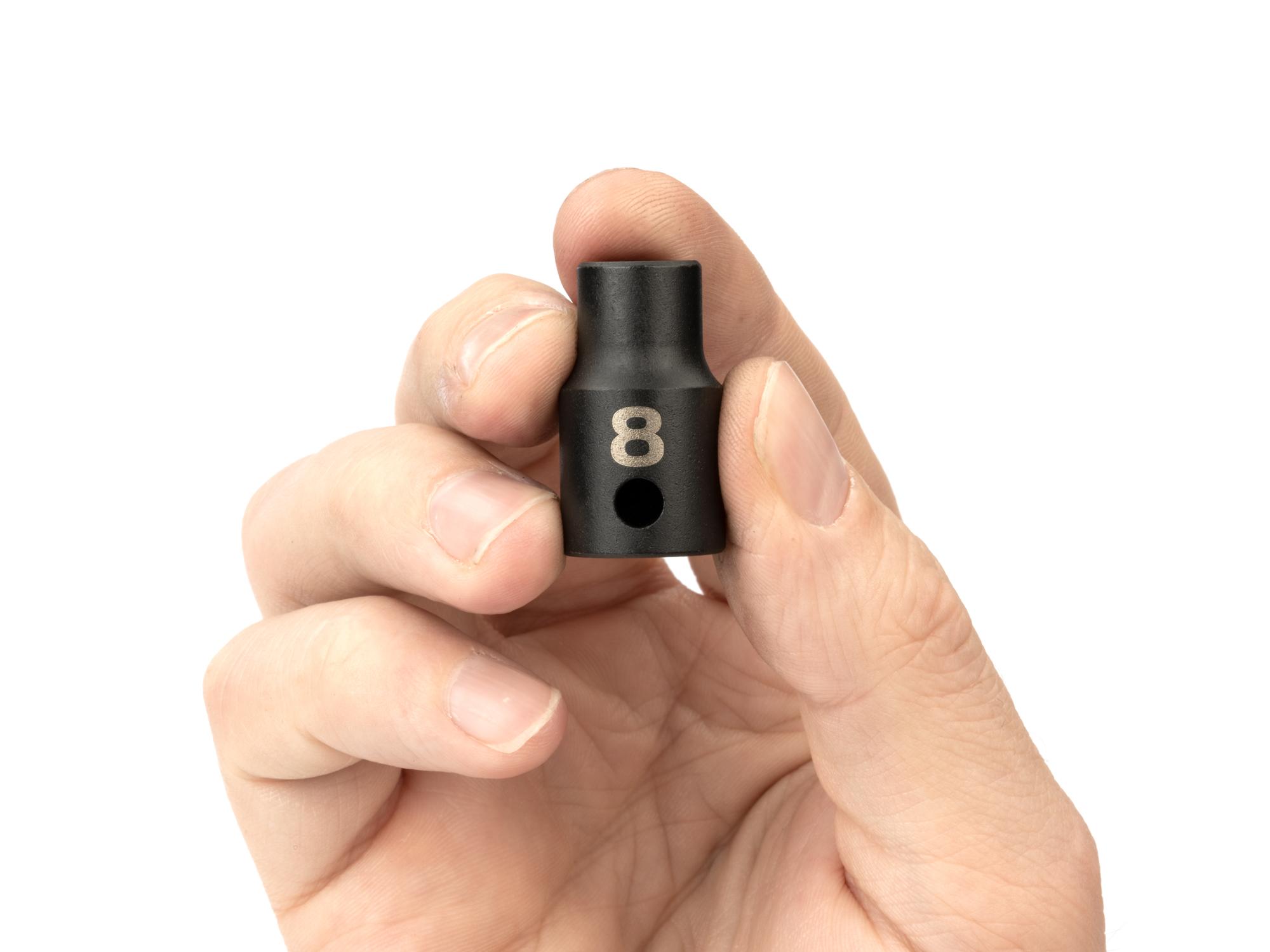 Person holding Tekton impact drive 6-point socket. Item #SID12108