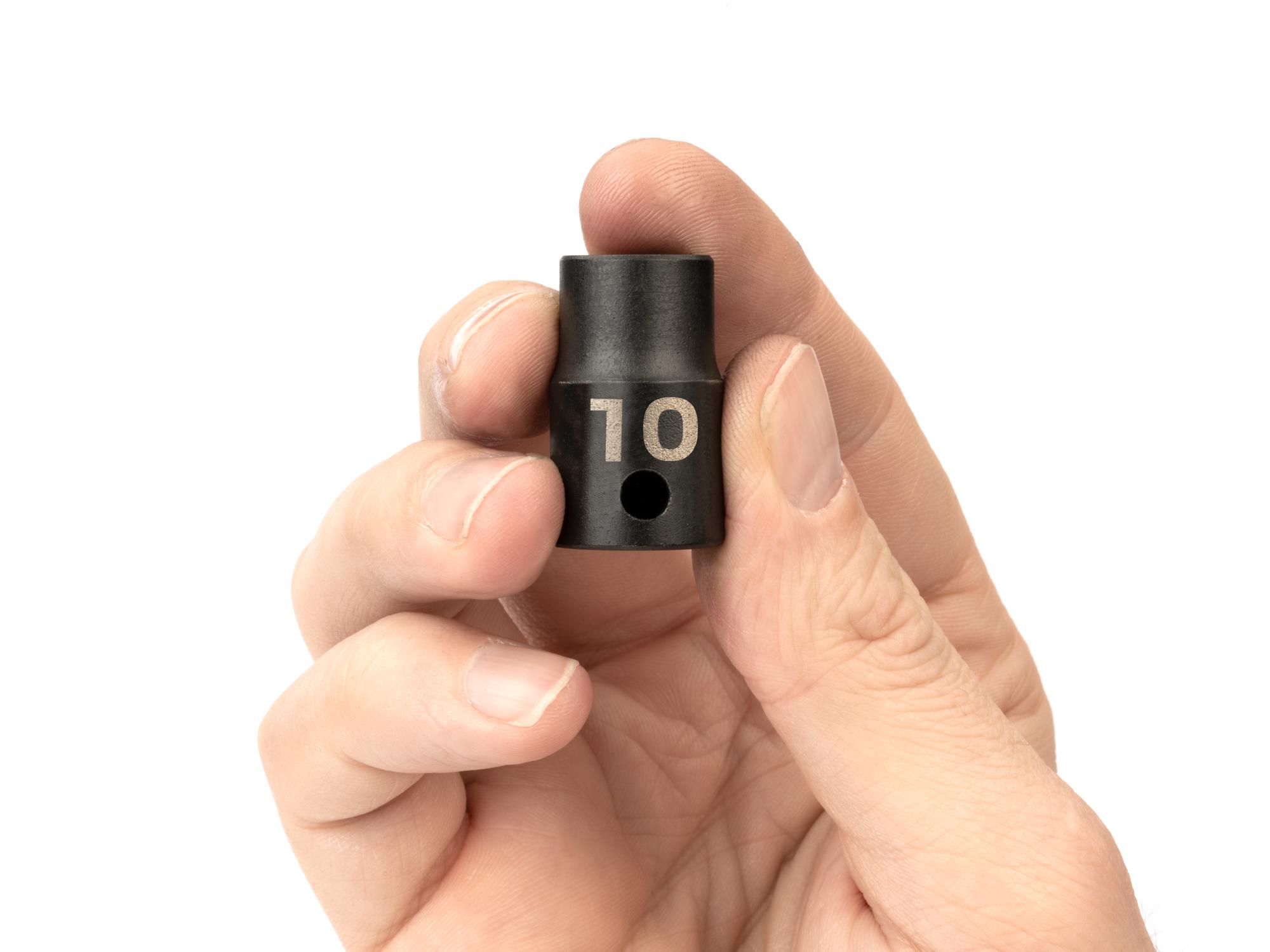 Person holding Tekton impact drive 6-point socket. Item #SID12110