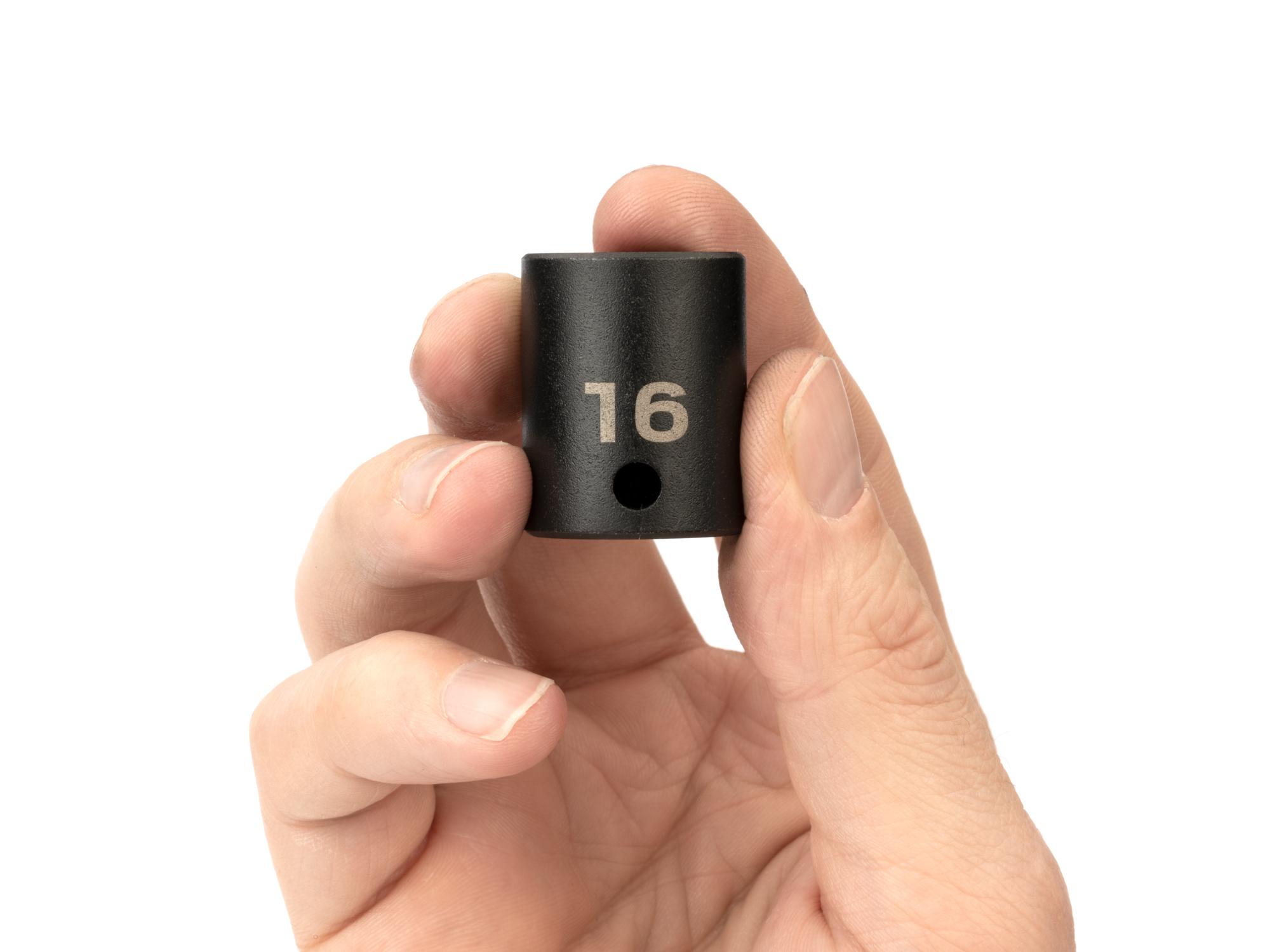 Person holding Tekton impact drive 6-point socket. Item #SID12116