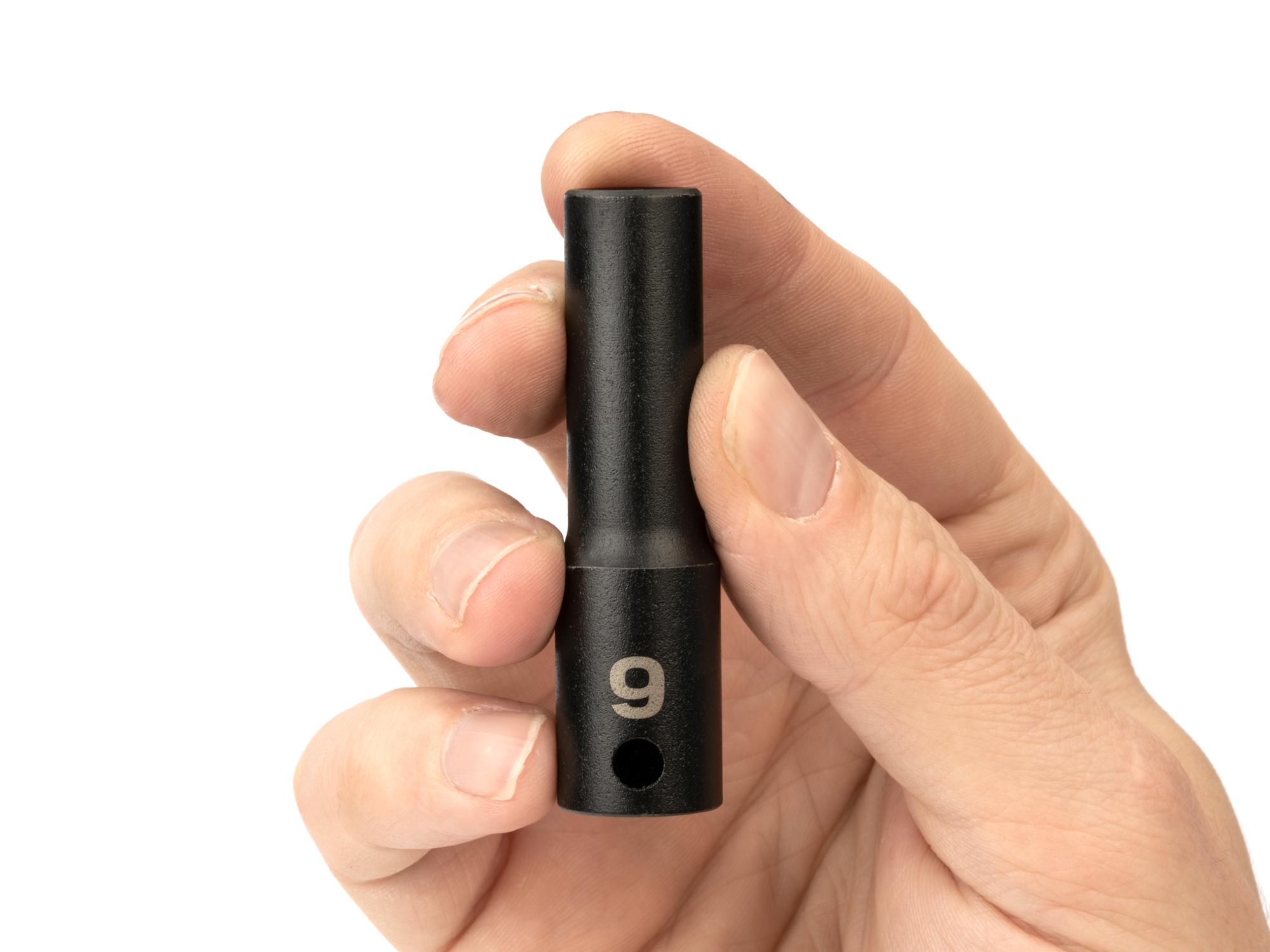 Person holding Tekton impact drive 6-point socket. Item #SID13109