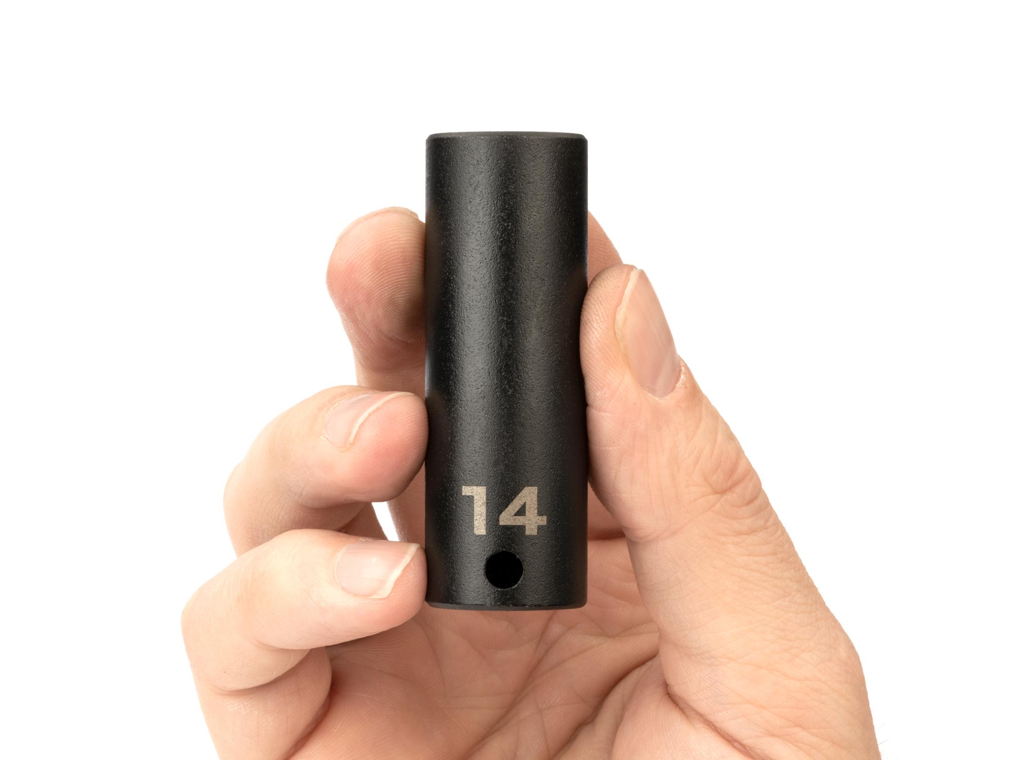 Person holding Tekton impact drive 6-point socket. Item #SID13114
