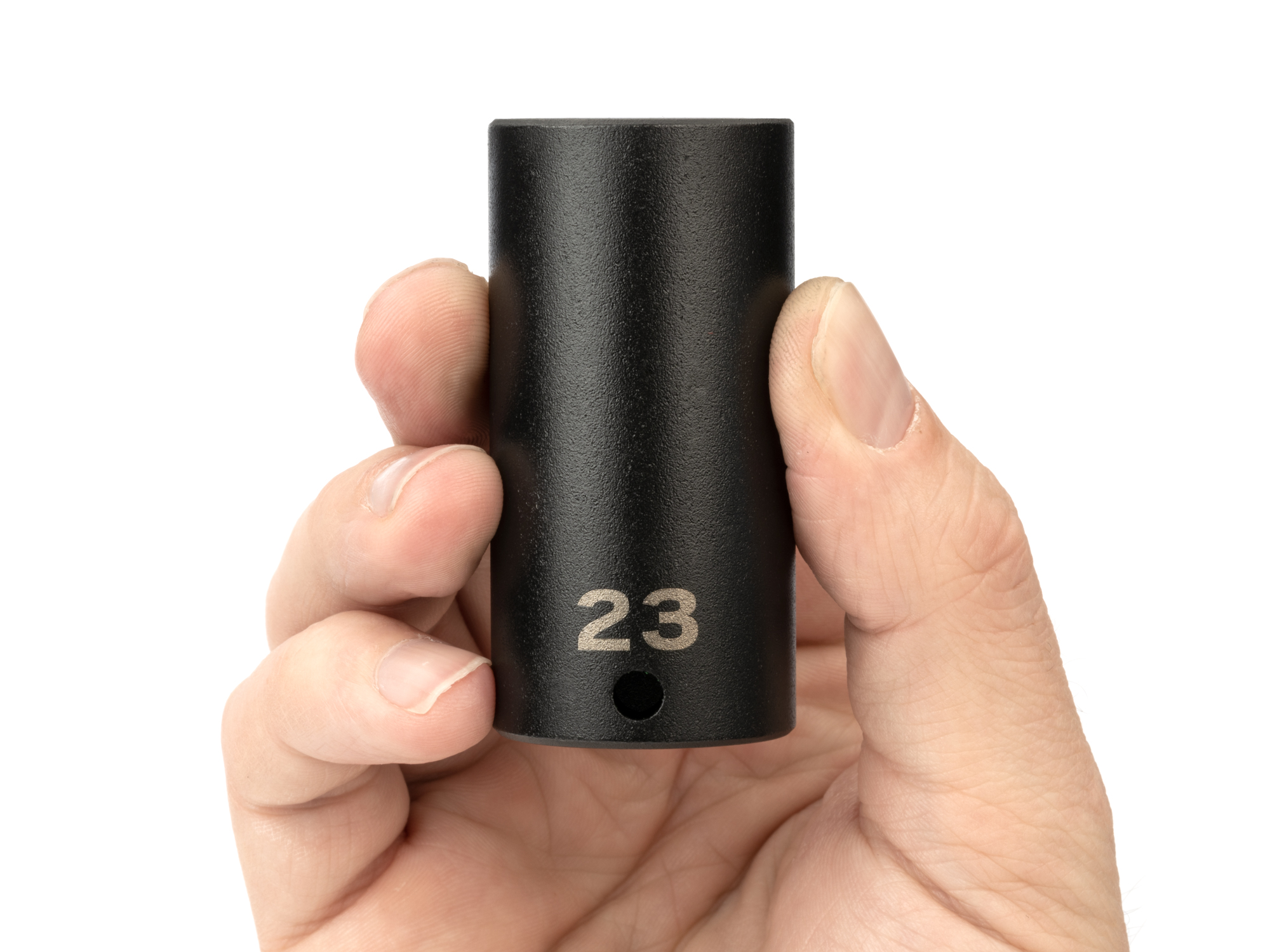 Size: 23 mm (Metric) 6-point deep impact socket. Has both a high-visibility laser etched size marking and a permanent stamped size marking. SID13123.