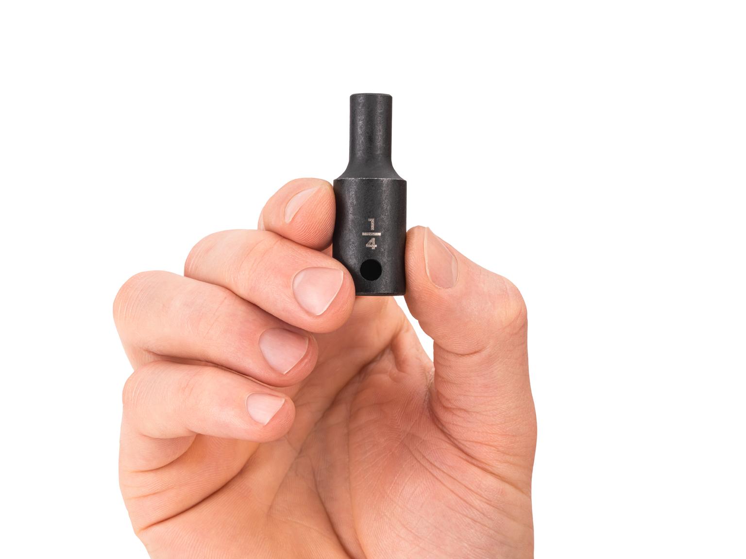 Person holding Tekton 1/4 inch impact drive 6-point socket. Item #SID14006