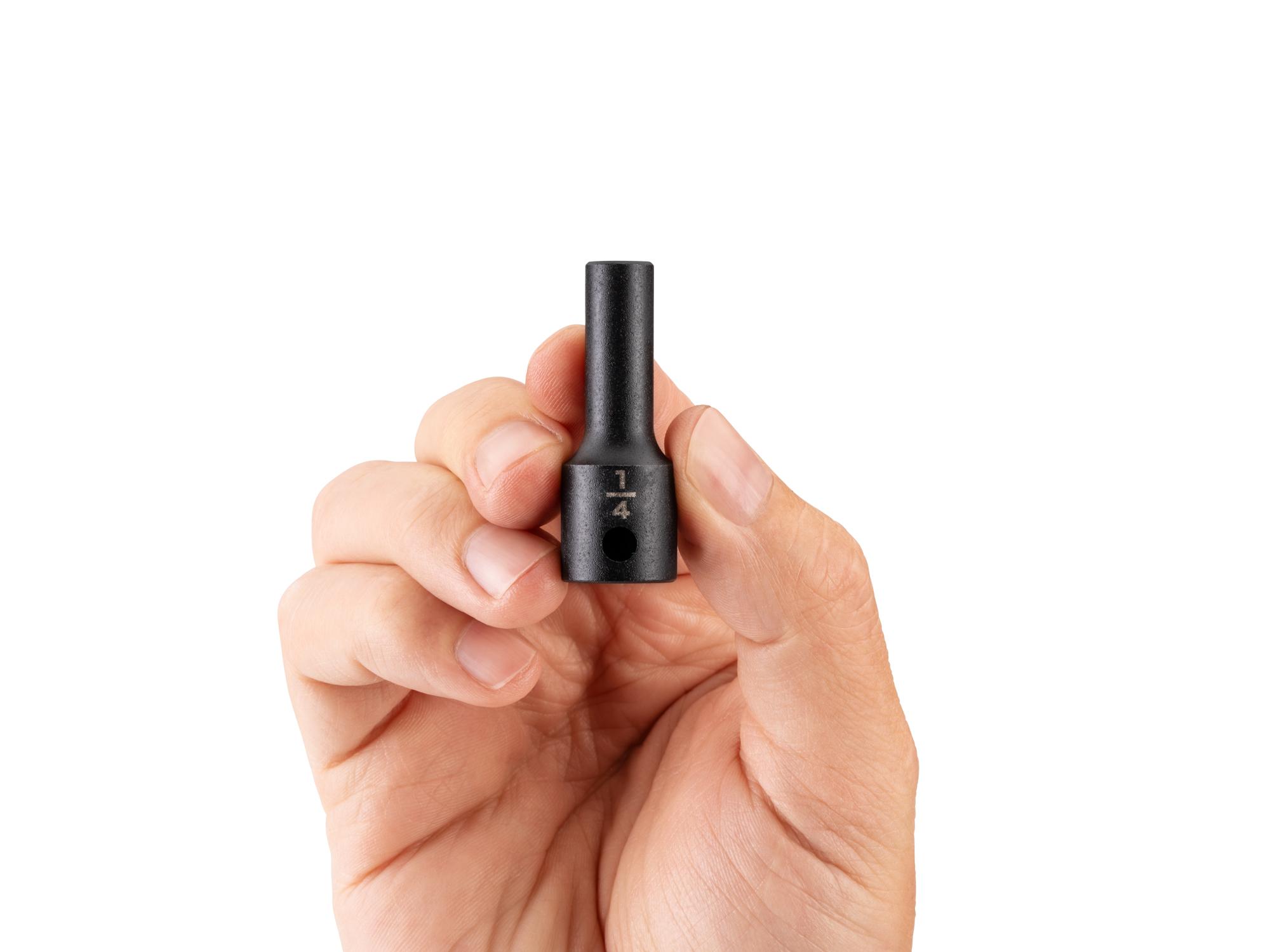 Person holding Tekton impact drive 6-point socket. Item #SID14006