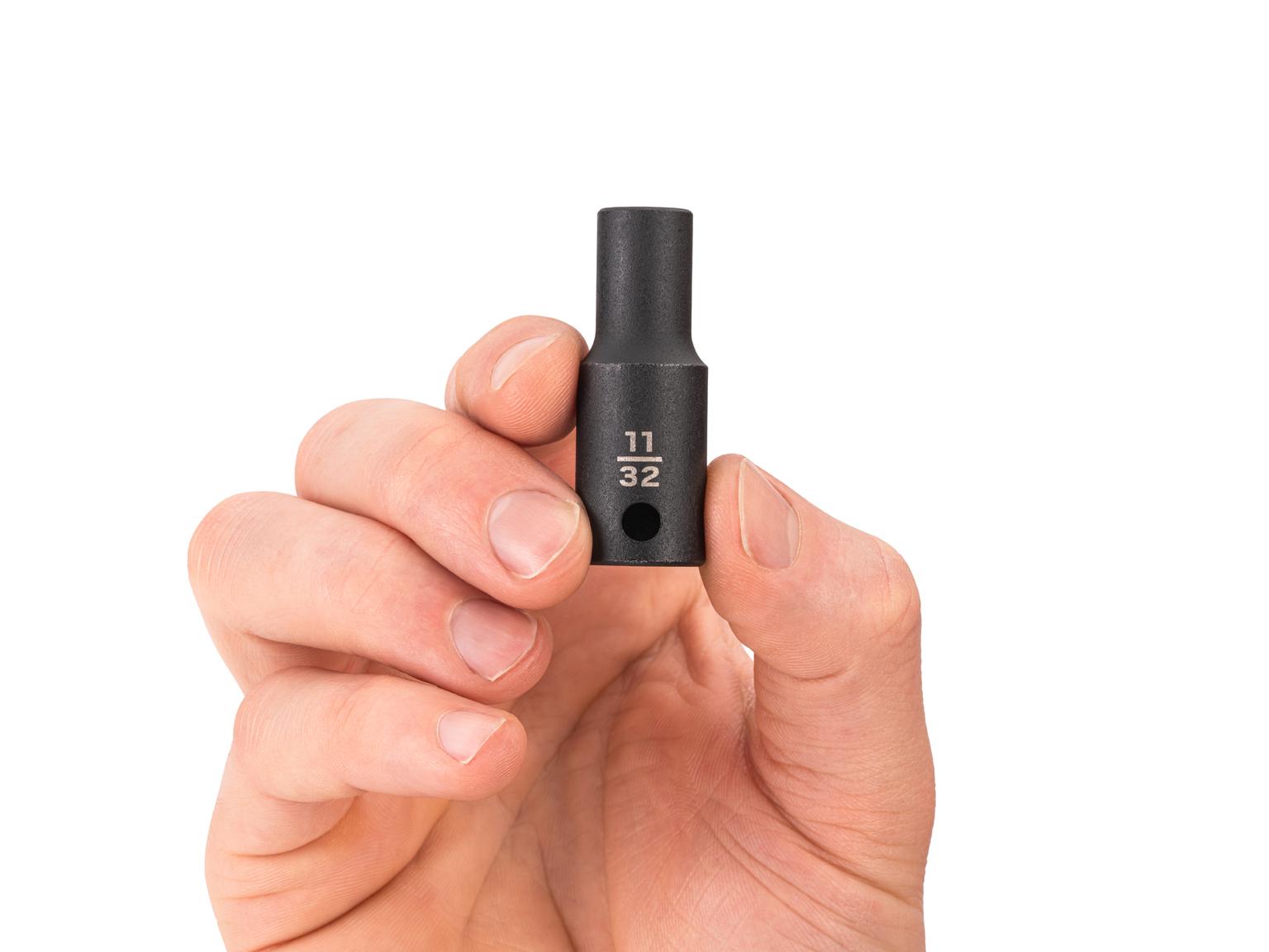 Person holding Tekton 11/32 inch impact drive 6-point socket. Item #SID14009