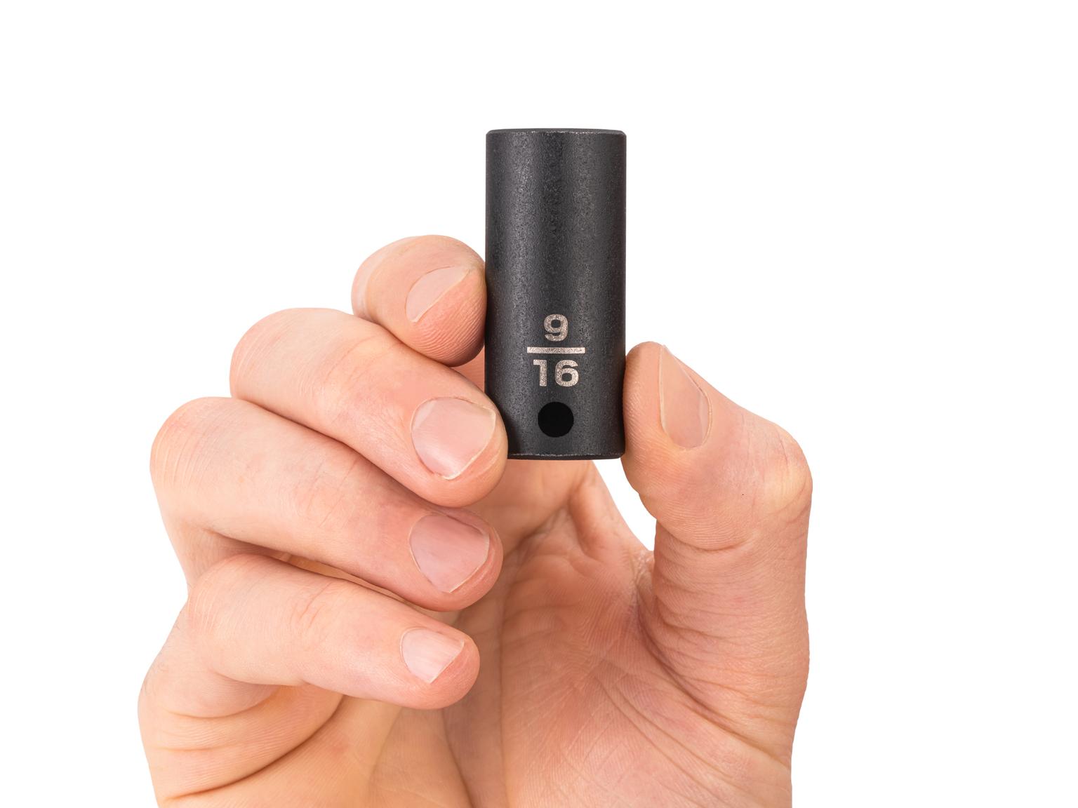 Person holding Tekton 9/16 inch impact drive 6-point socket. Item #SID14014