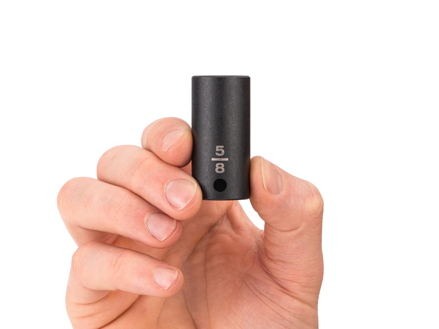 Person holding Tekton 5/8 inch impact drive 6-point socket. Item #SID14016