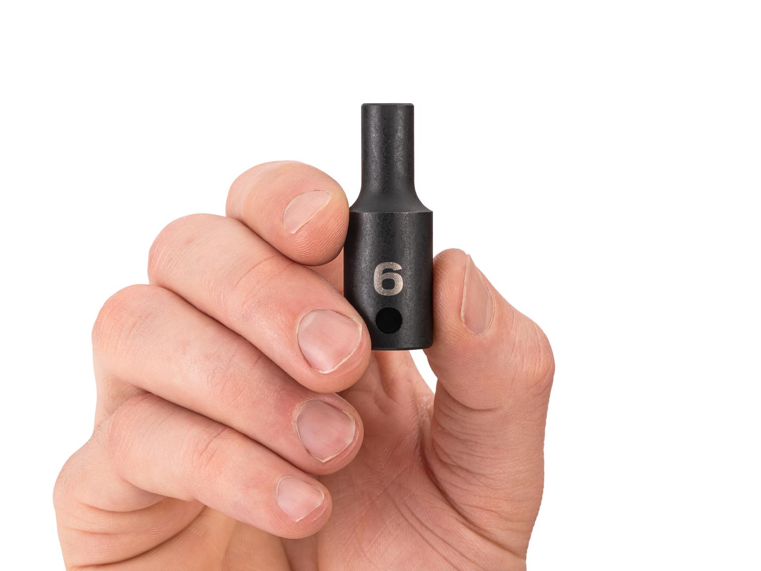 Person holding Tekton 6 millimeter impact drive 6-point socket. Item #SID14106