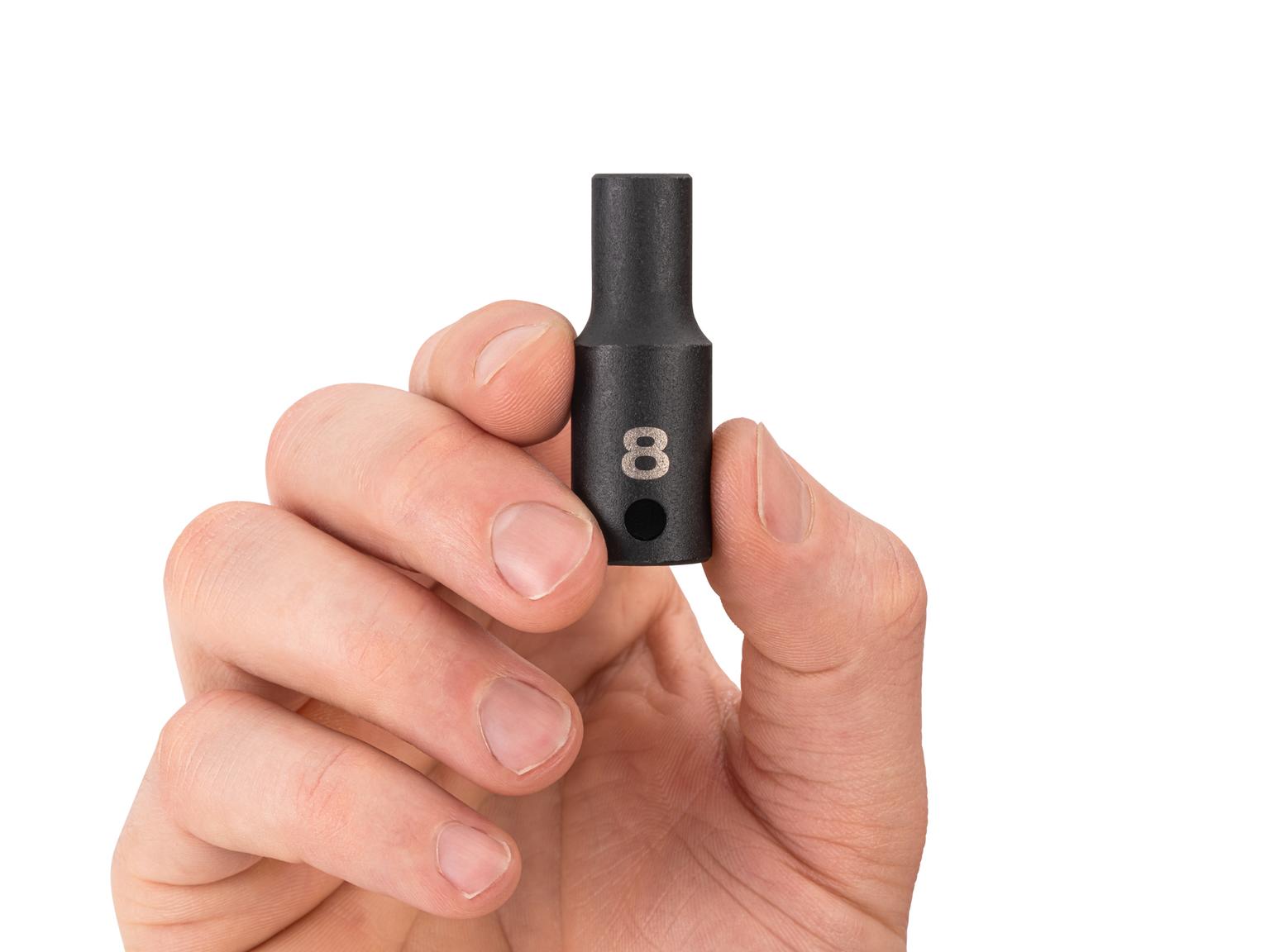 Person holding Tekton 8 millimeter impact drive 6-point socket. Item #SID14108