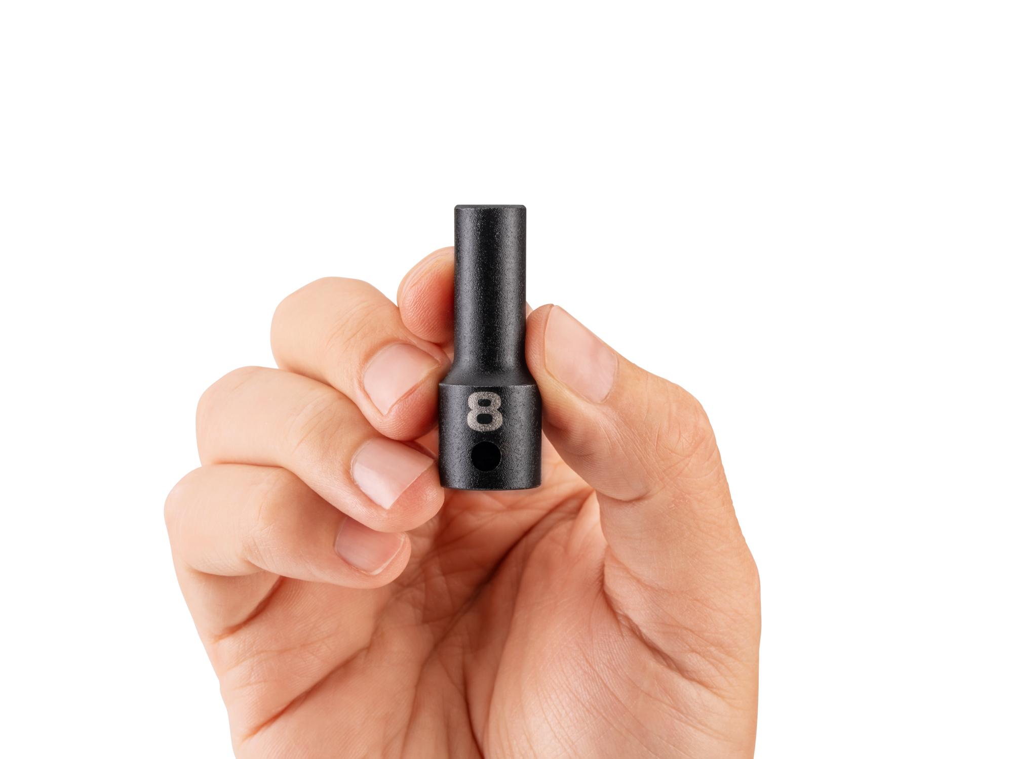 Person holding Tekton impact drive 6-point socket. Item #SID14108
