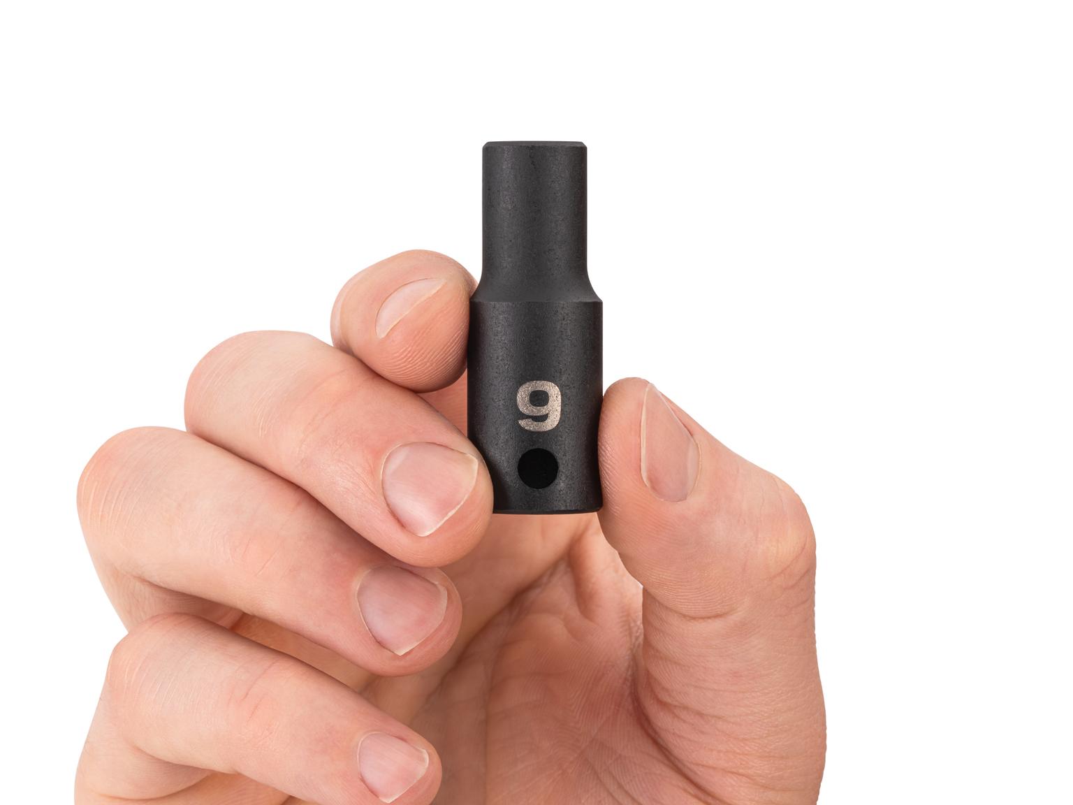 Person holding Tekton 9 millimeter impact drive 6-point socket. Item #SID14109