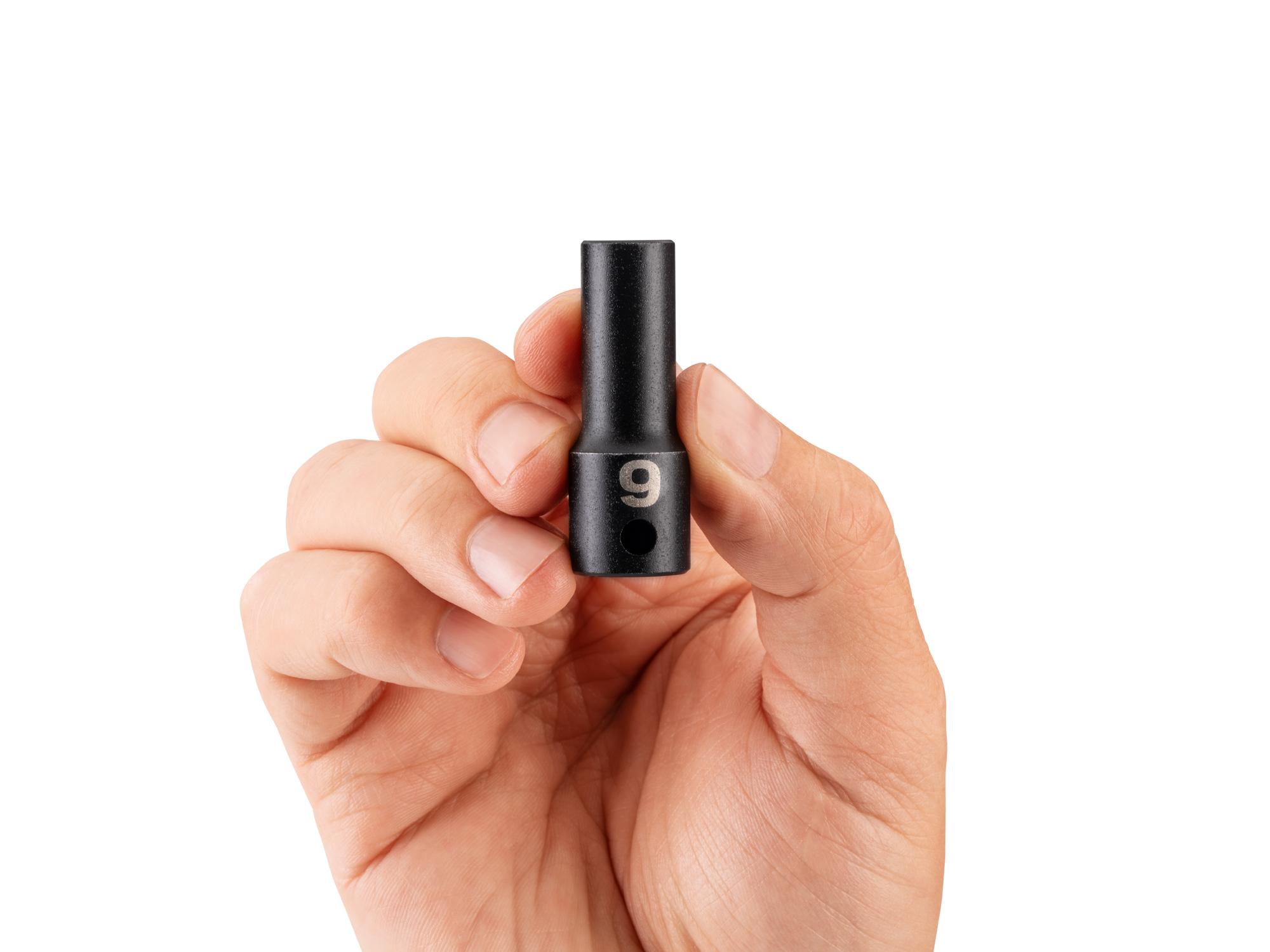 Person holding Tekton impact drive 6-point socket. Item #SID14109
