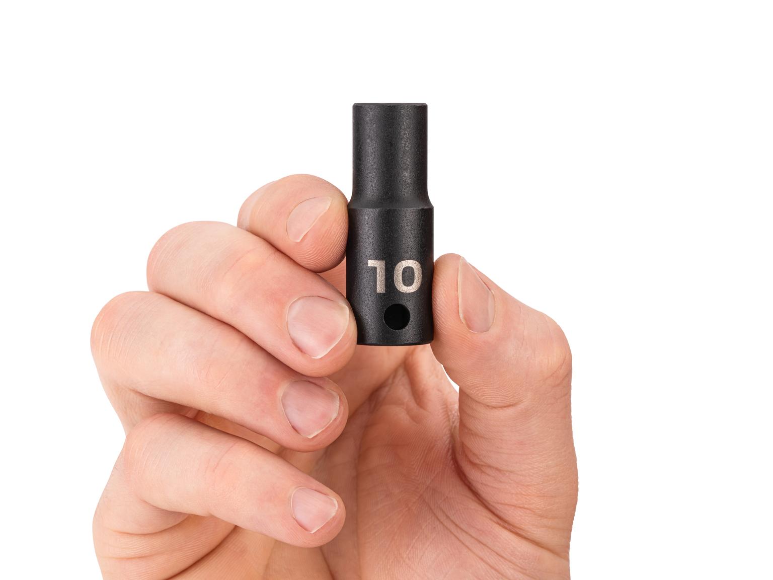 Person holding Tekton 10 millimeter impact drive 6-point socket. Item #SID14110