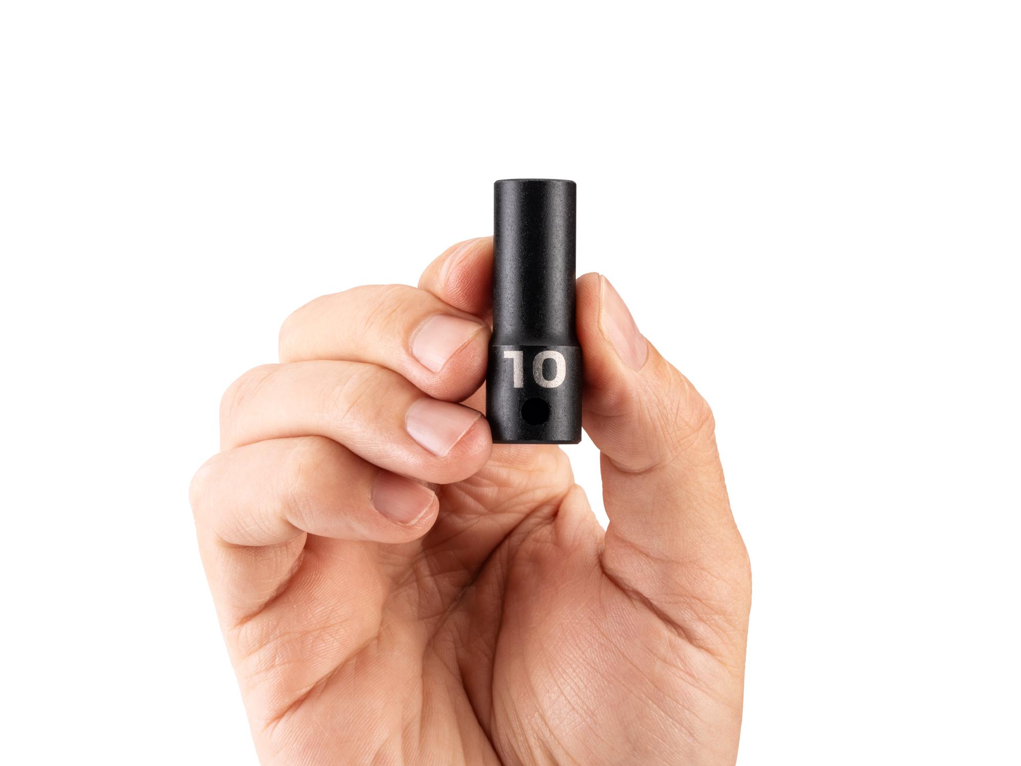 Person holding Tekton impact drive 6-point socket. Item #SID14110