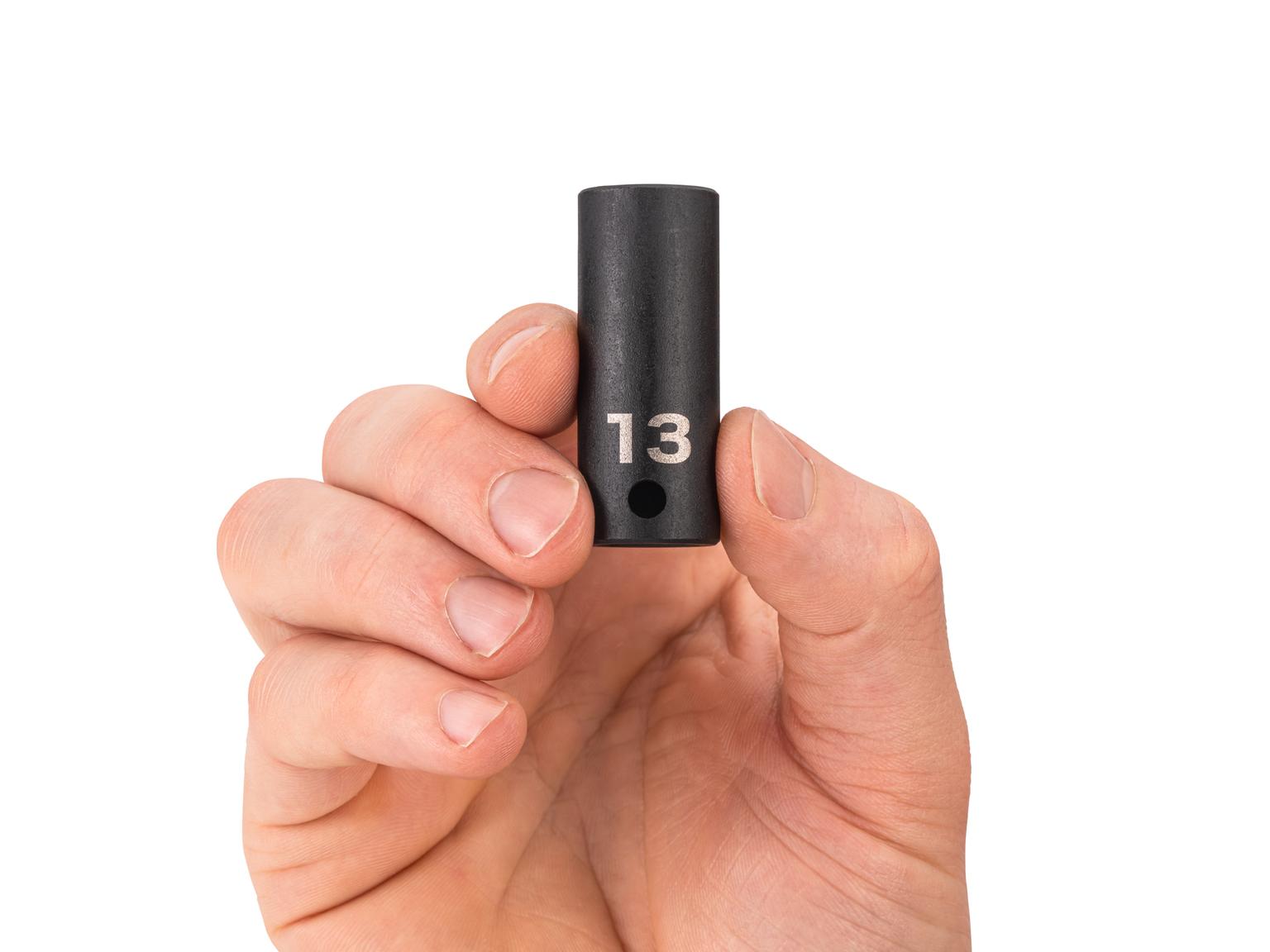 Person holding Tekton 13 millimeter impact drive 6-point socket. Item #SID14113