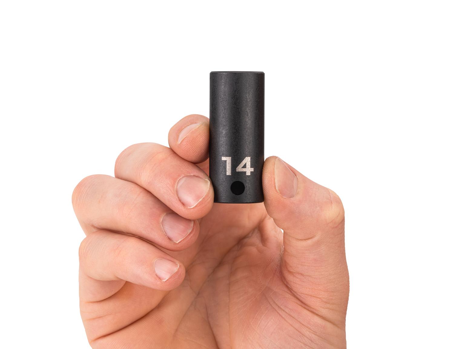Person holding Tekton 14 millimeter impact drive 6-point socket. Item #SID14114