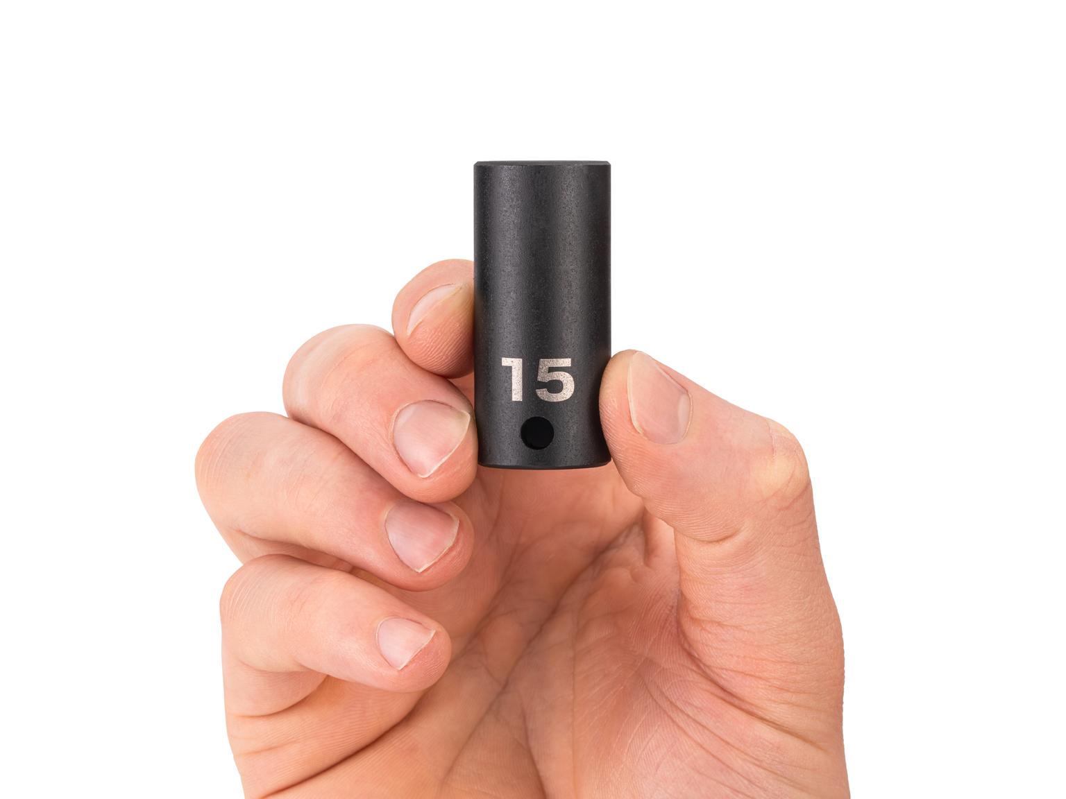 Person holding Tekton 15 millimeter impact drive 6-point socket. Item #SID14115