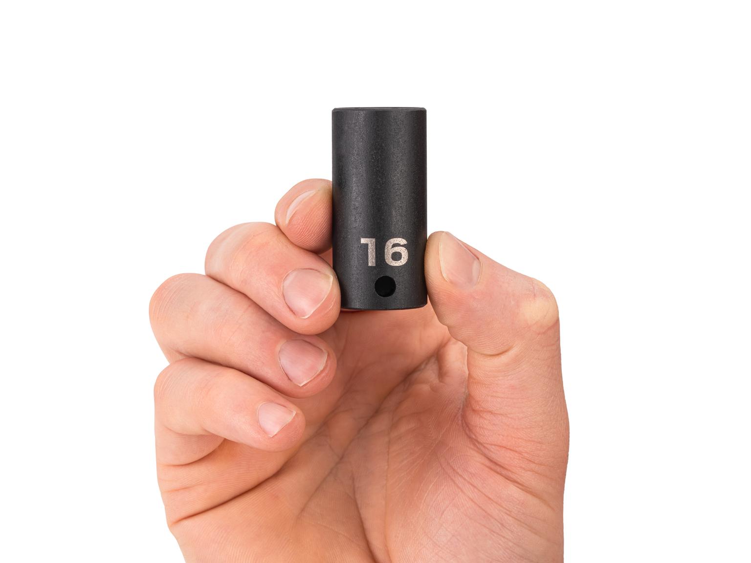 Person holding Tekton 16 millimeter impact drive 6-point socket. Item #SID14116