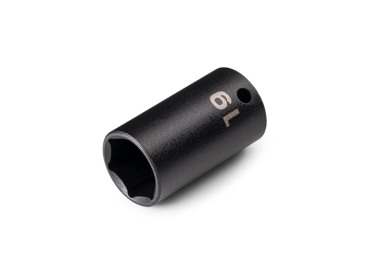 Front-right angle view of Tekton 19 millimeter impact drive 6-point socket. Item #SID14119